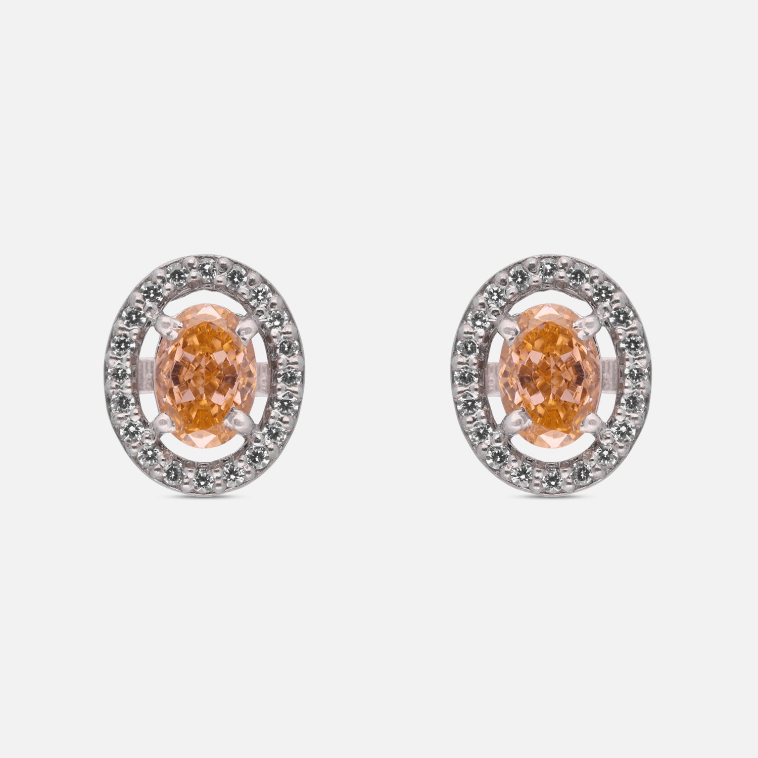 Peach Oval Halo Cubic Zirconia Stud Earrings in Sterling Silver | SKU: 0005757572