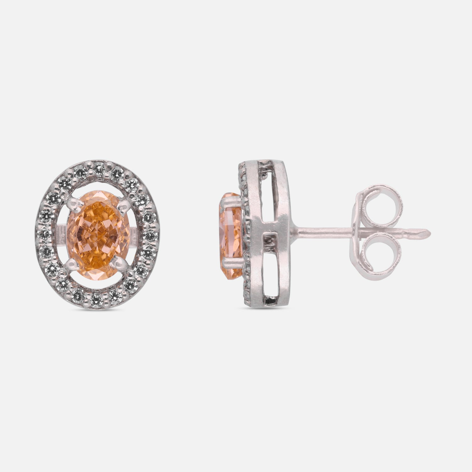 Peach Oval Halo Cubic Zirconia Stud Earrings in Sterling Silver | SKU: 0005757572