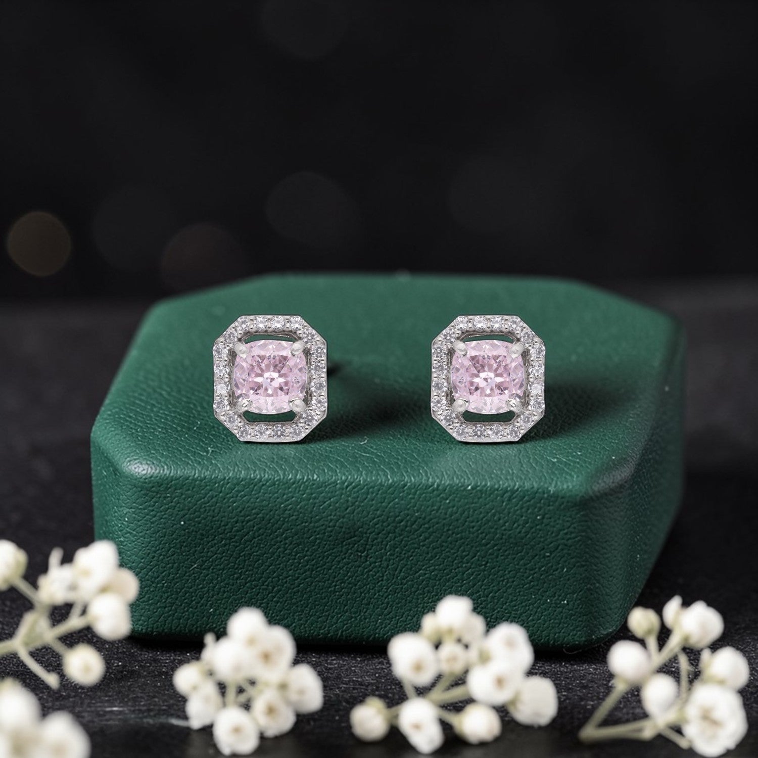 Sterling Silver Pink Cushion-Cut Cubic Zirconia Halo Stud Earrings | SKU: 0005757589, 0022628480