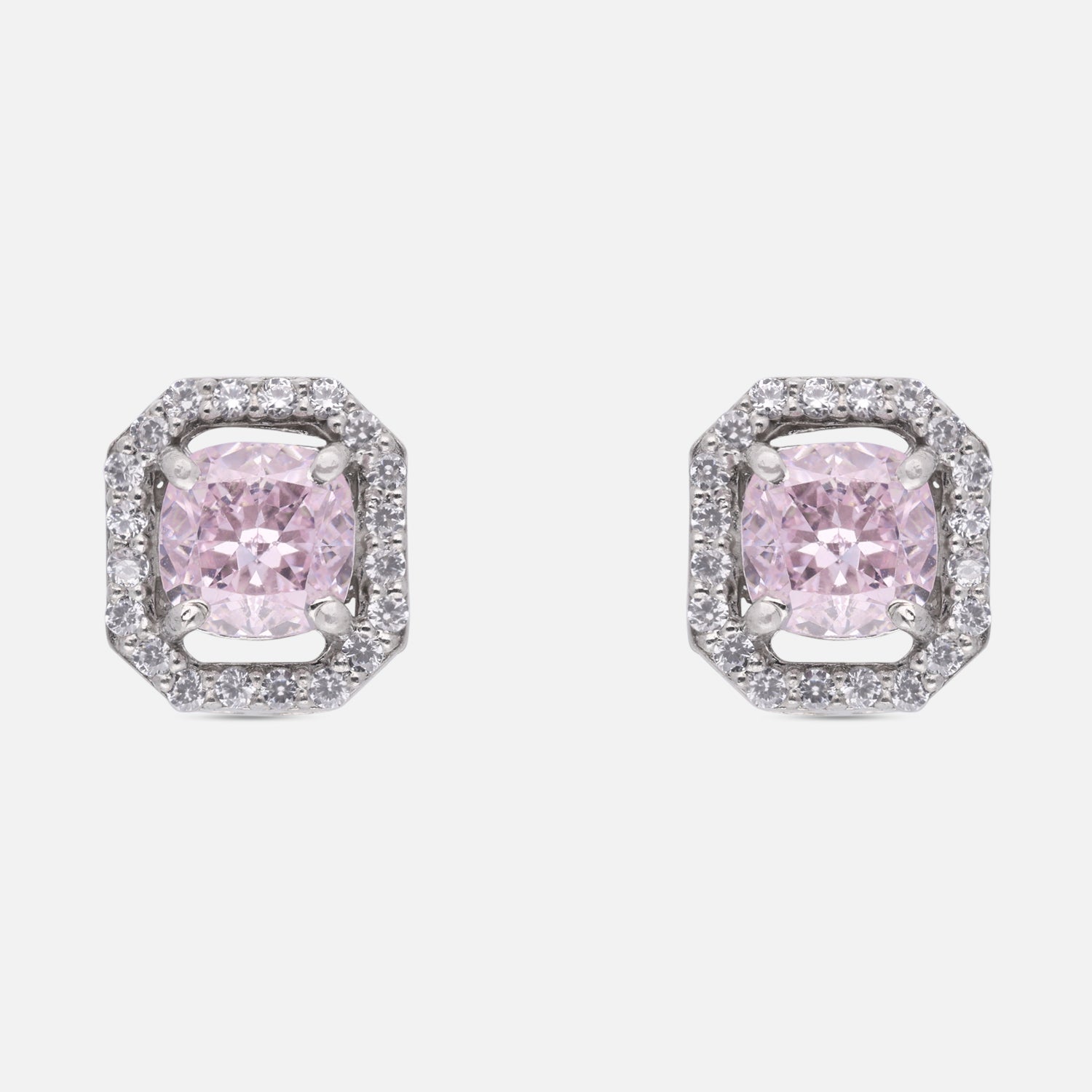 Sterling Silver Pink Cushion-Cut Cubic Zirconia Halo Stud Earrings | SKU: 0005757589, 0022628480
