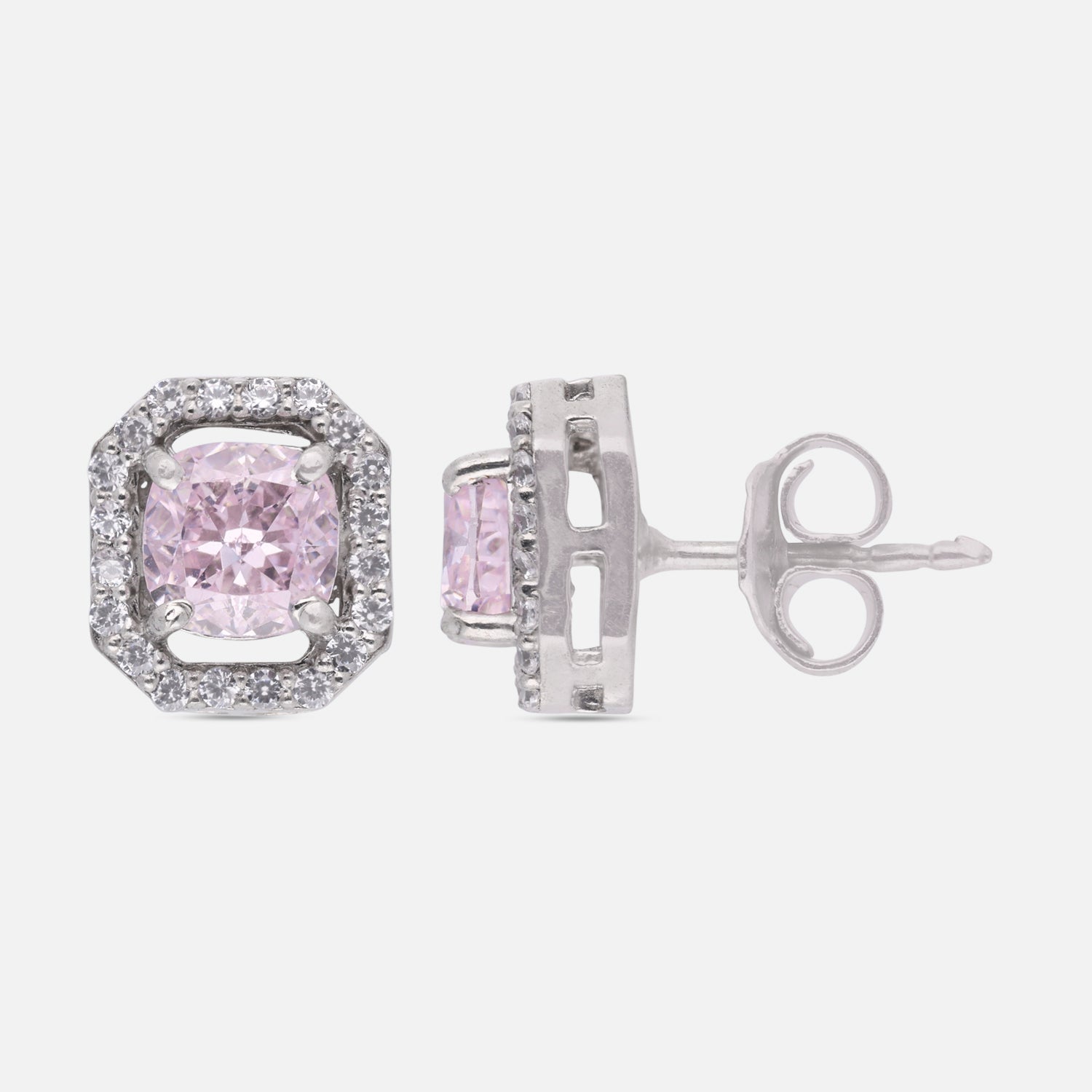 Sterling Silver Pink Cushion-Cut Cubic Zirconia Halo Stud Earrings | SKU: 0005757589, 0022628480