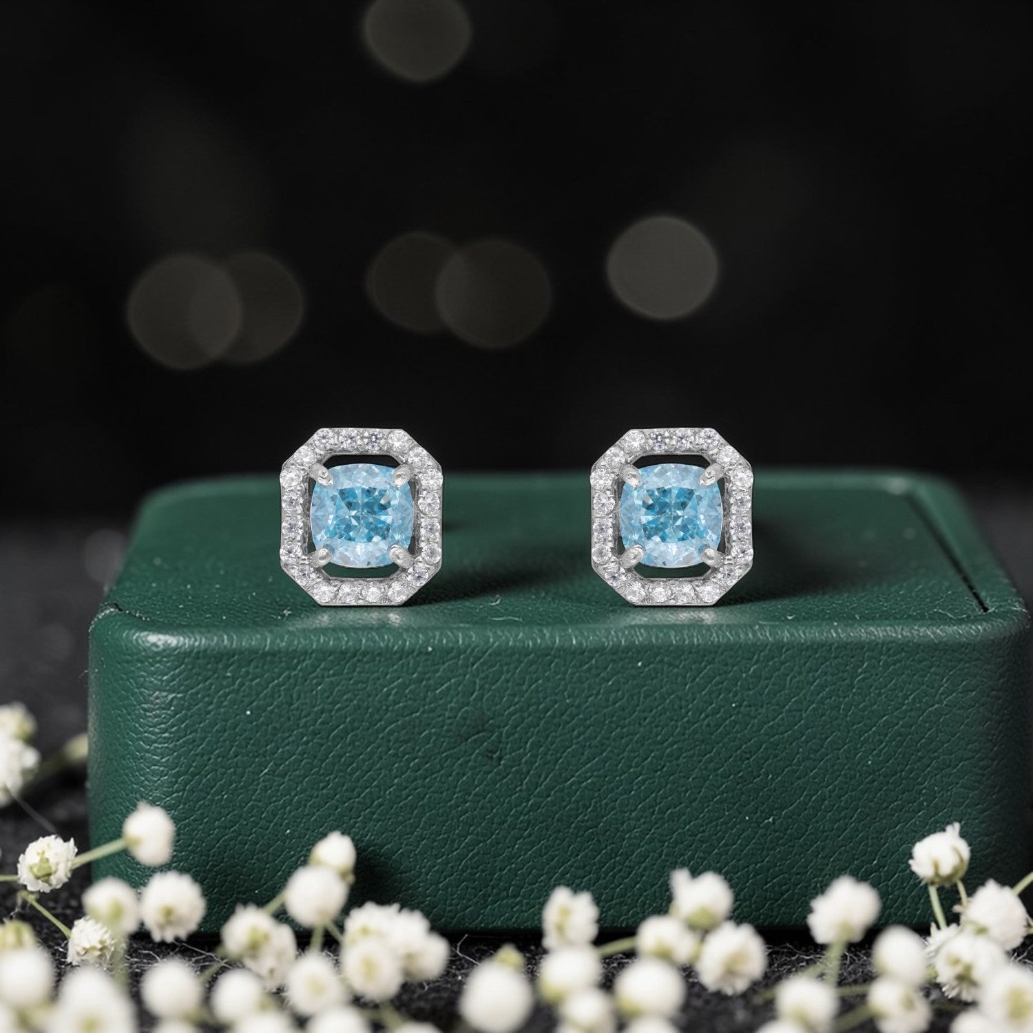 Sterling Silver Sky Blue Cushion-Cut Cubic Zirconia Halo Stud Earrings | SKU: 0005757596, 0005750108