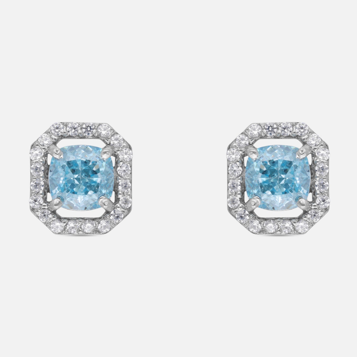 Sterling Silver Sky Blue Cushion-Cut Cubic Zirconia Halo Stud Earrings | SKU: 0005757596, 0005750108