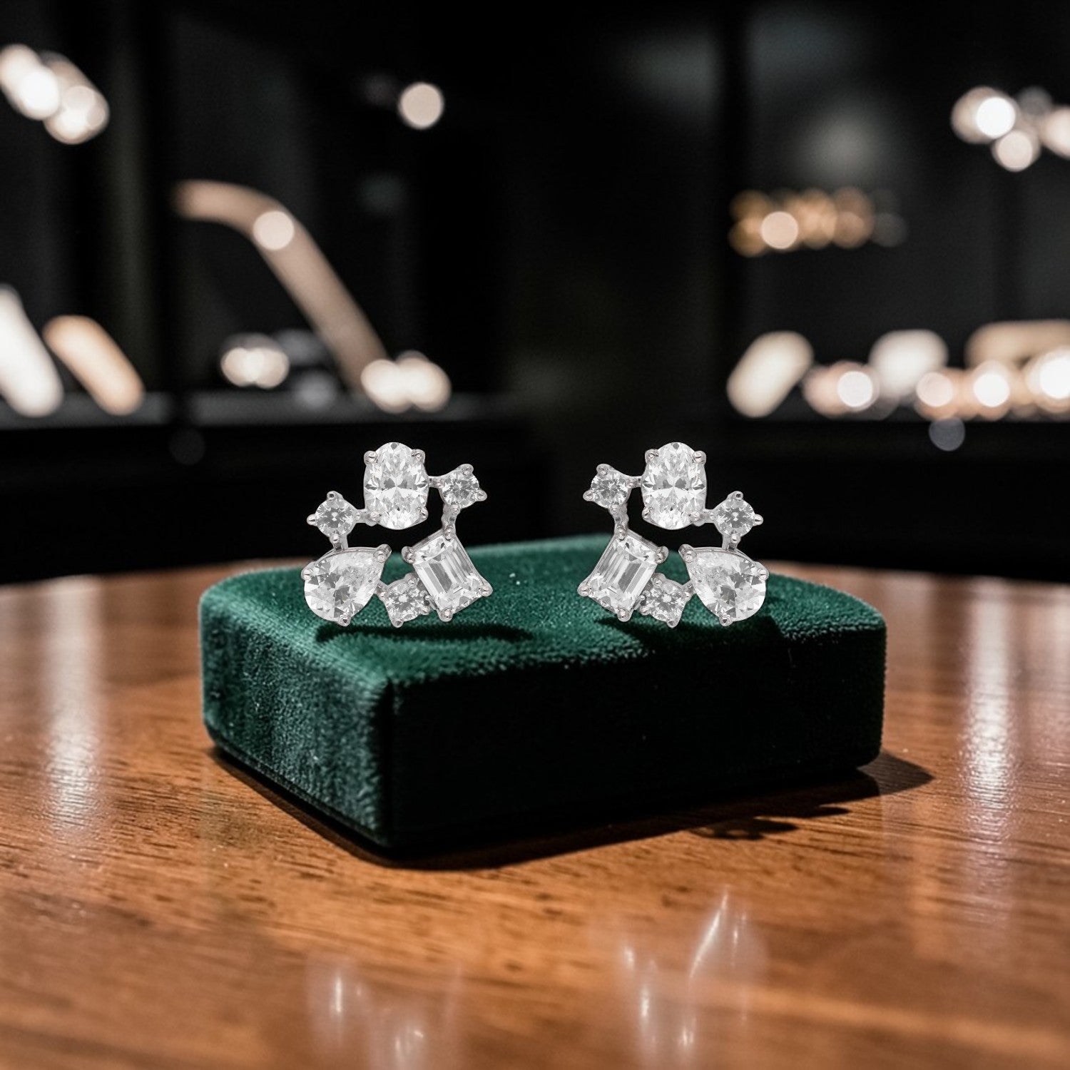Multi-Shape Cubic Zirconia Cluster Stud Earrings in Sterling Silver | SKU: 0005757619, 0022628558, 0005748303