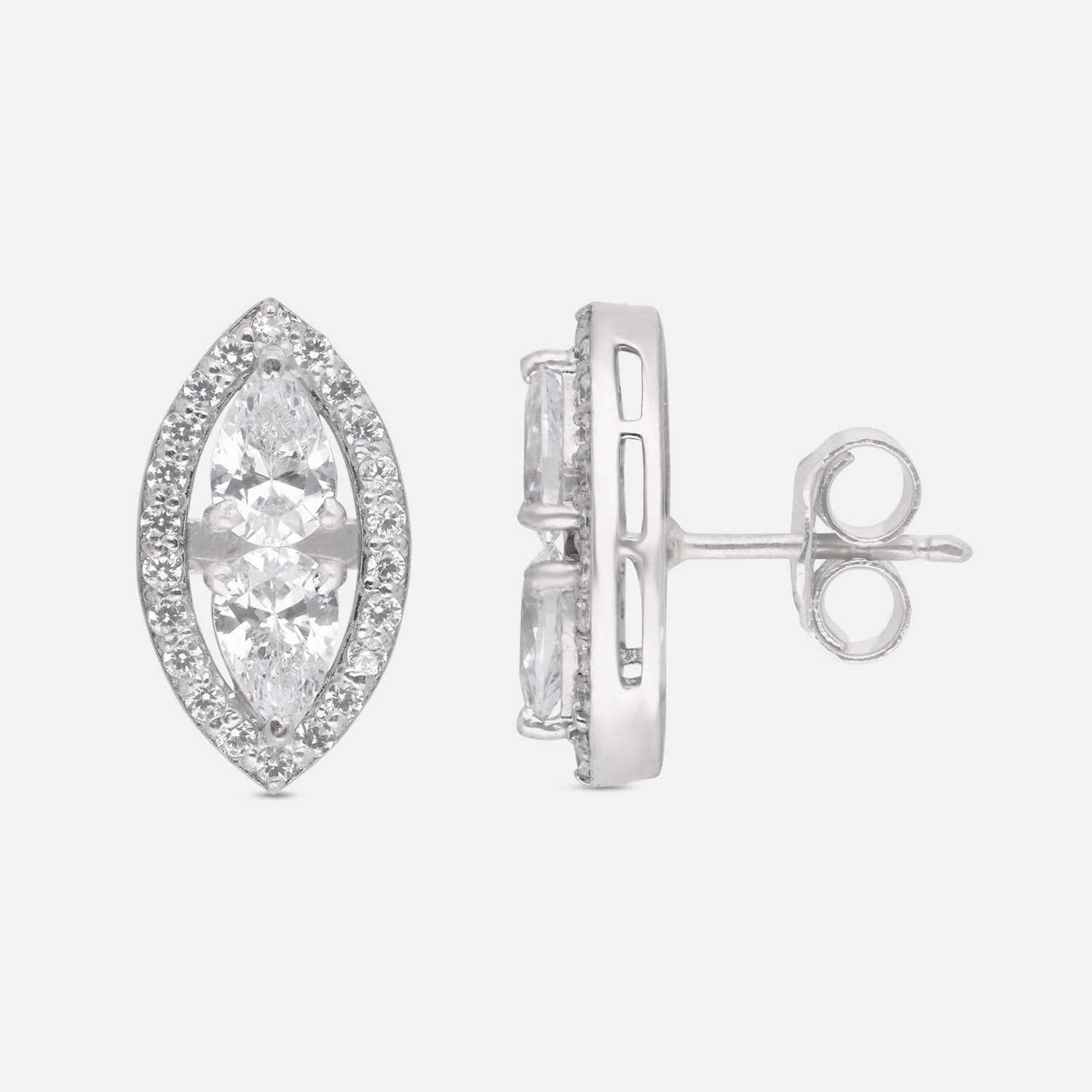 Marquise Halo Cubic Zirconia Stud Earrings in Sterling Silver | SKU: 0005757671, 0005750191, 0022628589