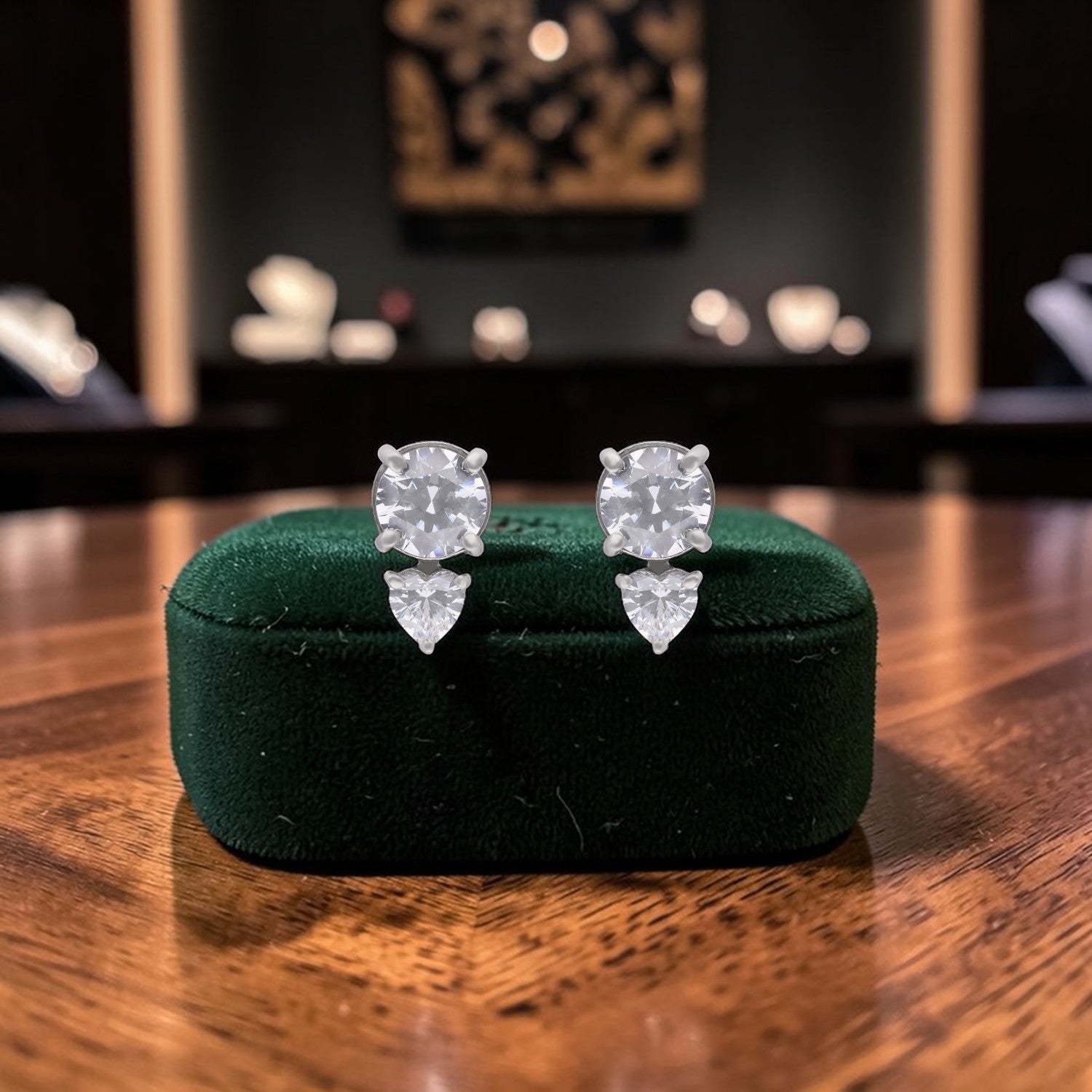 Round & Heart Duo Cubic Zirconia Drop Stud Earrings in Sterling Silver | SKU: 0005757718, 0022628701, 0022628695