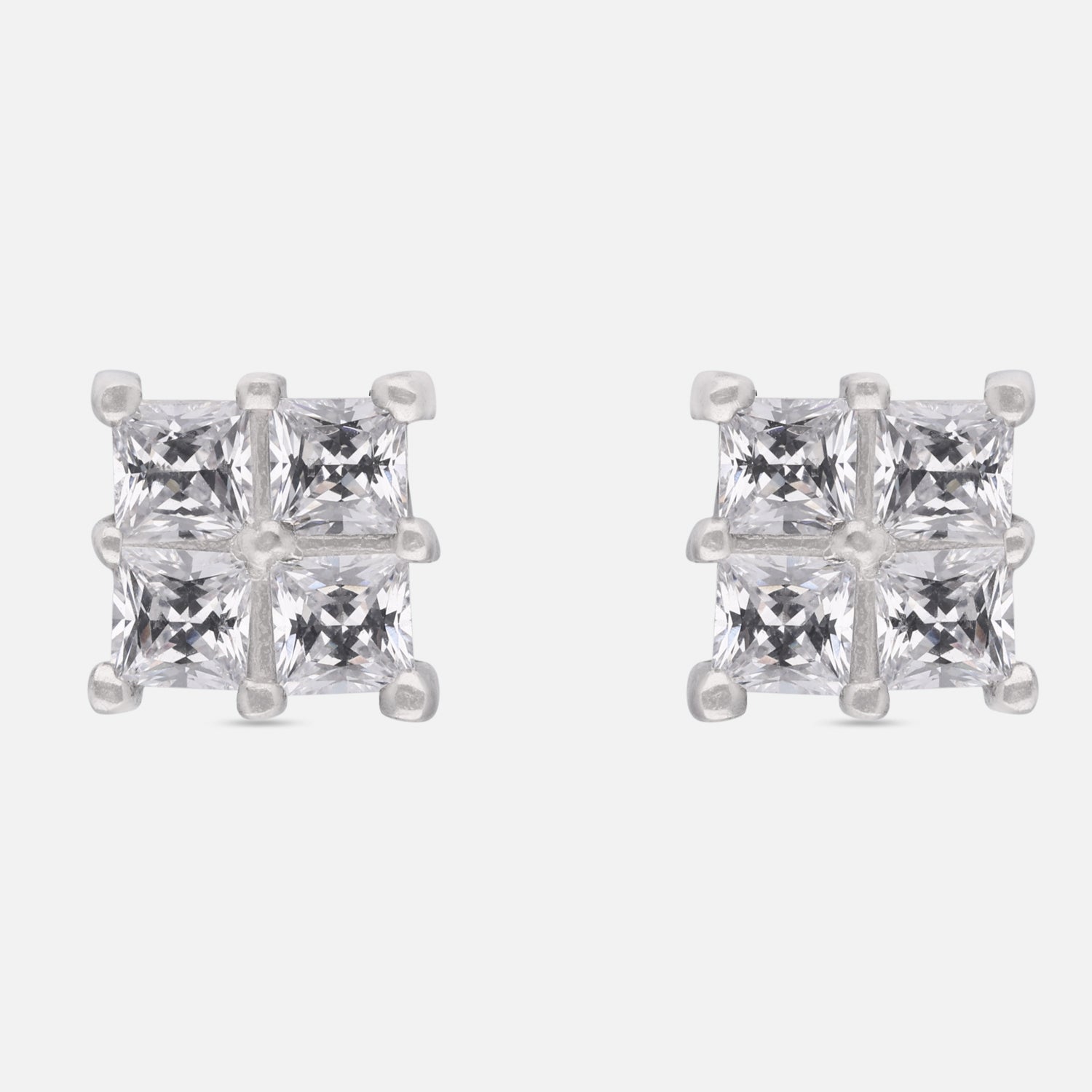 Quad Princess Cut Cubic Zirconia Cluster Stud Earrings in Sterling Silver | SKU: 0005757732, 0005750276, 0022628725