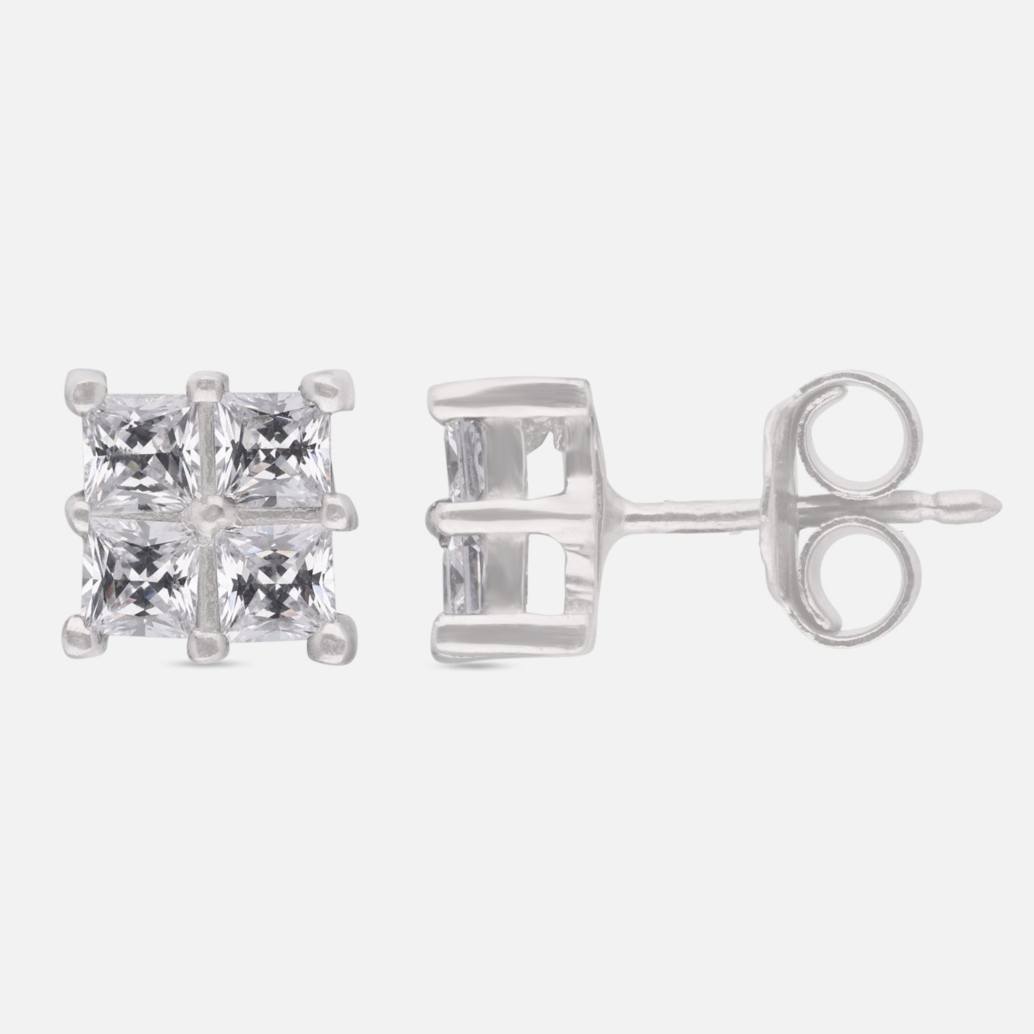 Quad Princess Cut Cubic Zirconia Cluster Stud Earrings in Sterling Silver | SKU: 0005757732, 0005750276, 0022628725