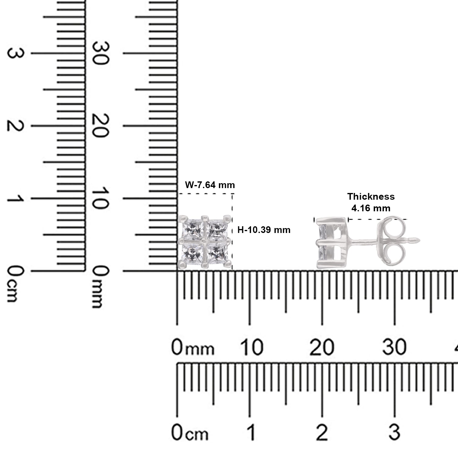 Quad Princess Cut Cubic Zirconia Cluster Stud Earrings in Sterling Silver | SKU: 0005757732, 0005750276, 0022628725