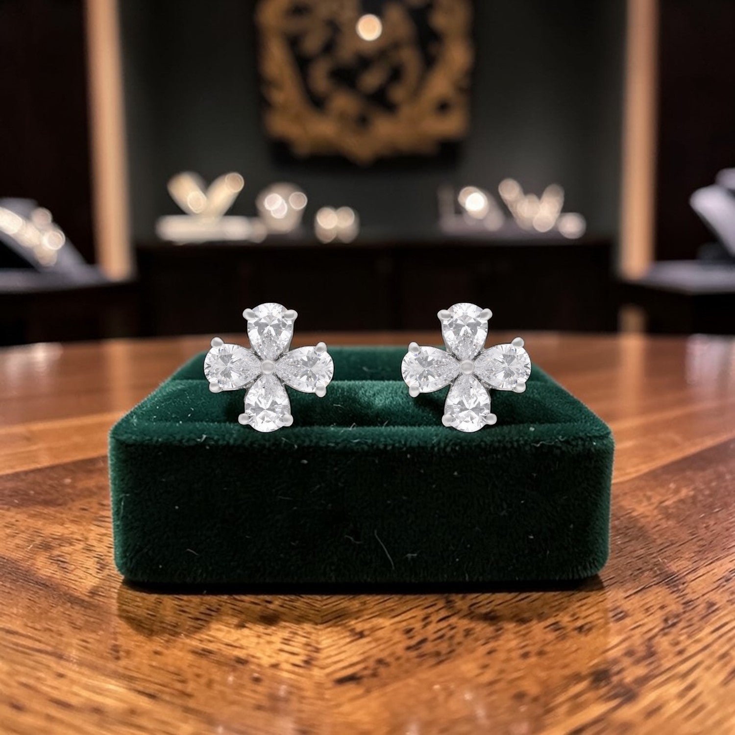 Pear Cut Floral Cubic Zirconia Stud Earrings in Sterling Silver | SKU: 0005757756, 0005750290, 0022628749