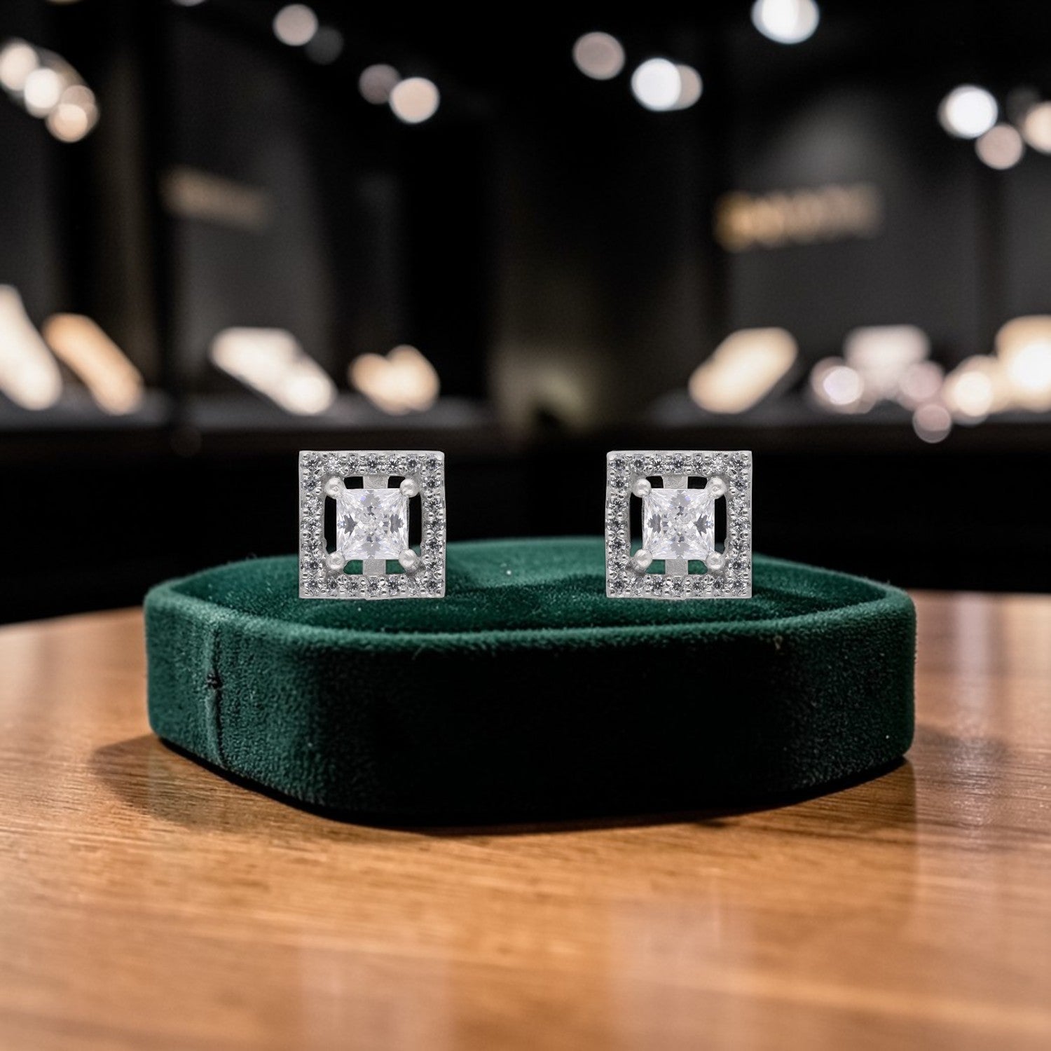 Princess Cut Cubic Zirconia Halo Stud Earrings in Sterling Silver | SKU: 0005757862, 0022628633, 0005757879, 0005750498