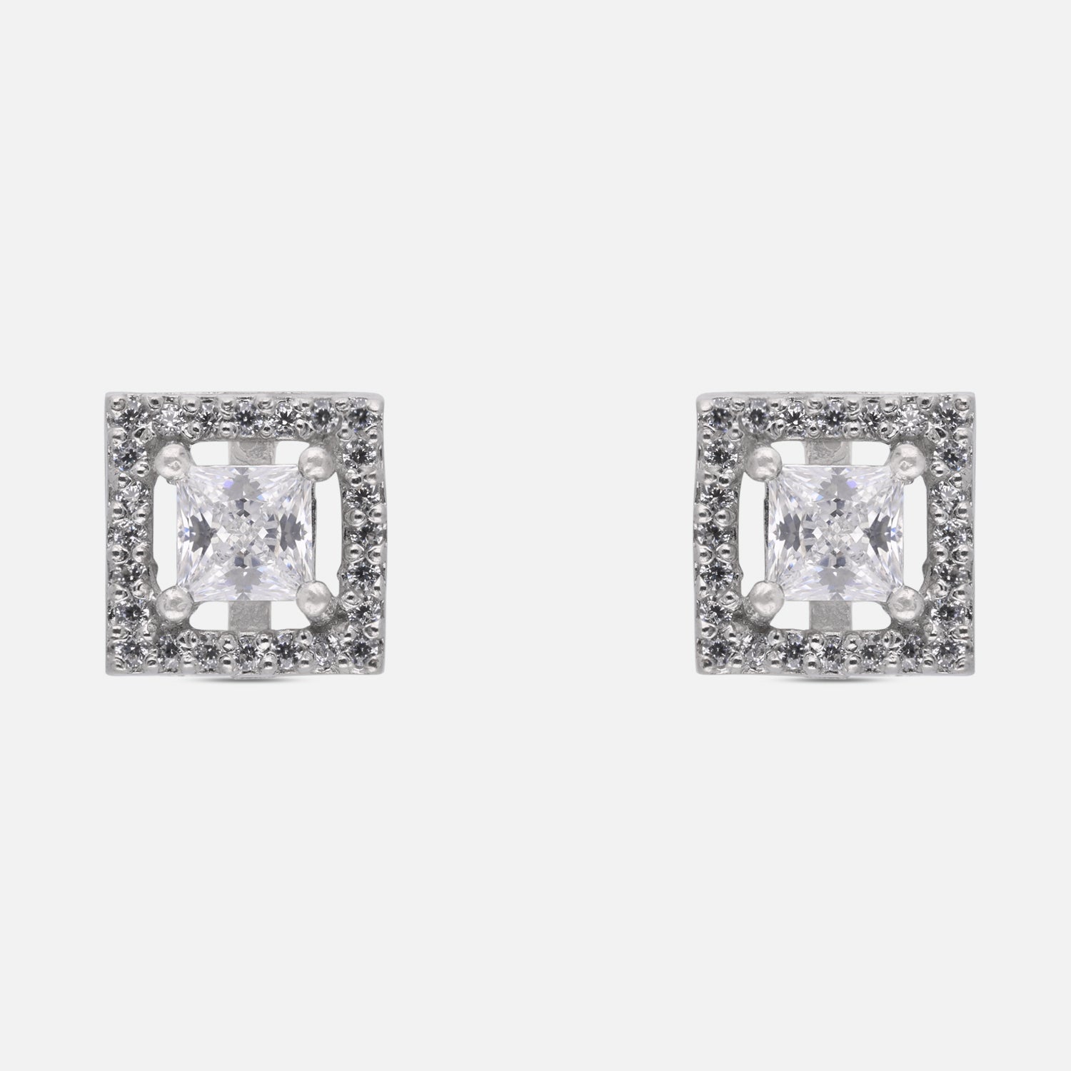 Princess Cut Cubic Zirconia Halo Stud Earrings in Sterling Silver | SKU: 0005757862, 0022628633, 0005757879, 0005750498
