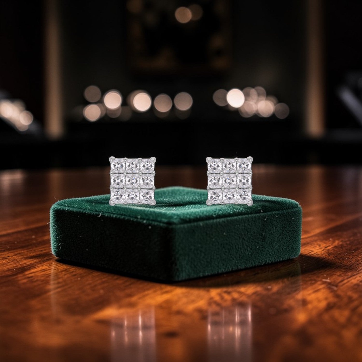 Princess Cut Cubic Zirconia Grid Cluster Stud Earrings in Sterling Silver | SKU: 0005757893, 0005750528
