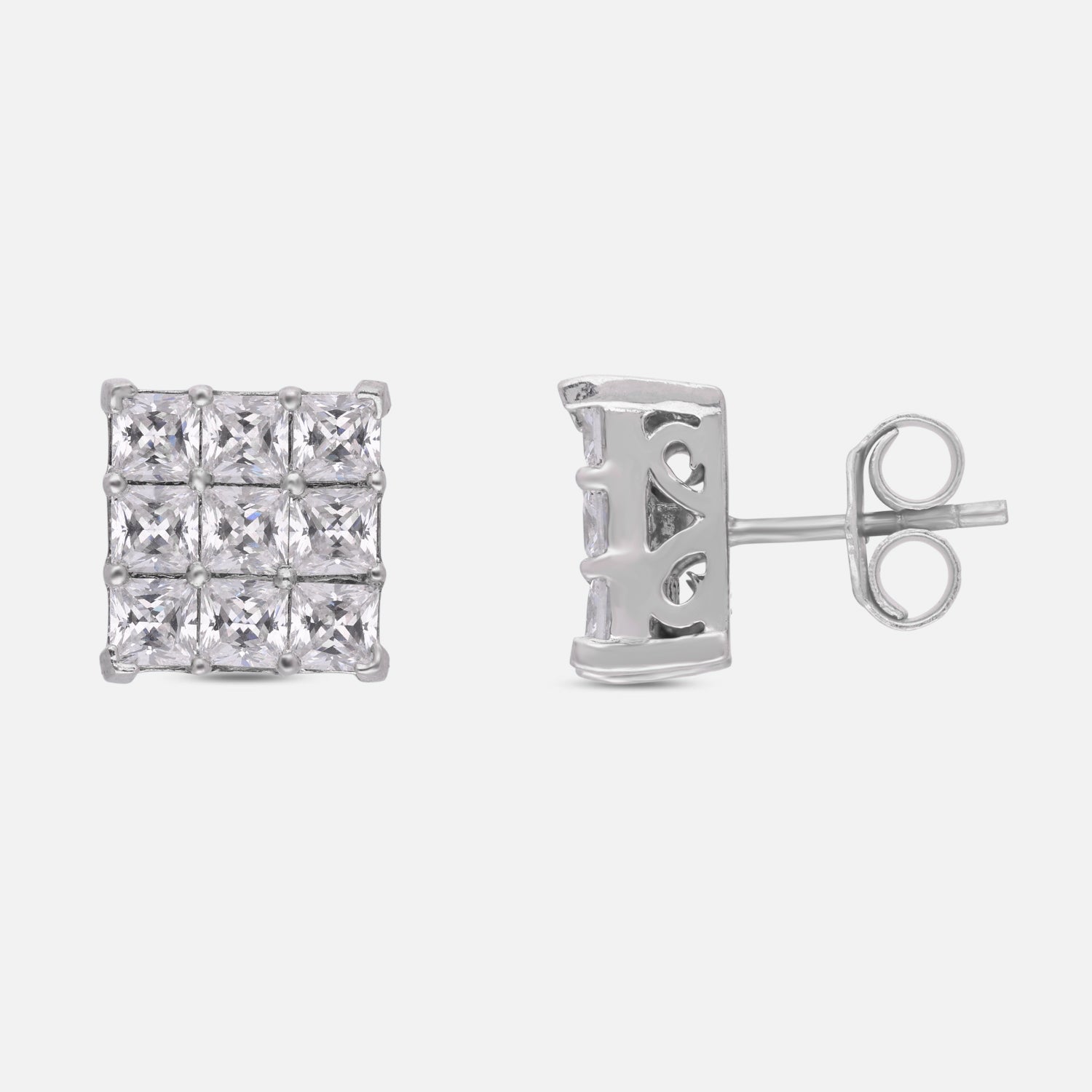 Princess Cut Cubic Zirconia Grid Cluster Stud Earrings in Sterling Silver | SKU: 0005757893, 0005750528