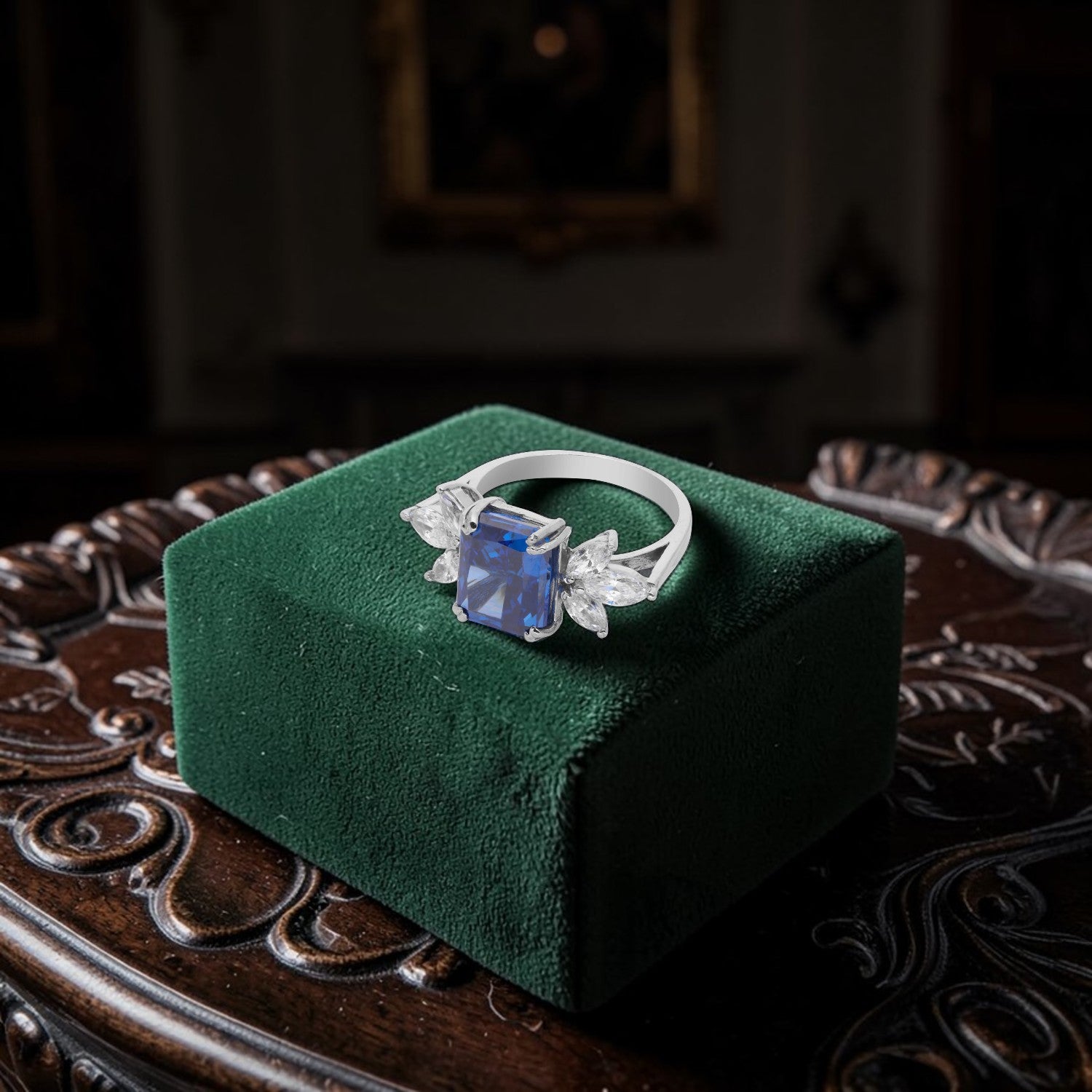 Elegant Sterling Silver Rectangular Blue Cubic Zirconia Ring with Marquise CZ Accents | SKU: 0005757961, 0005750597