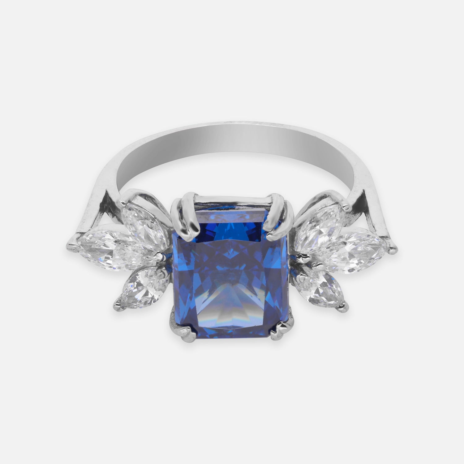 Elegant Sterling Silver Rectangular Blue Cubic Zirconia Ring with Marquise CZ Accents | SKU: 0005757961, 0005750597