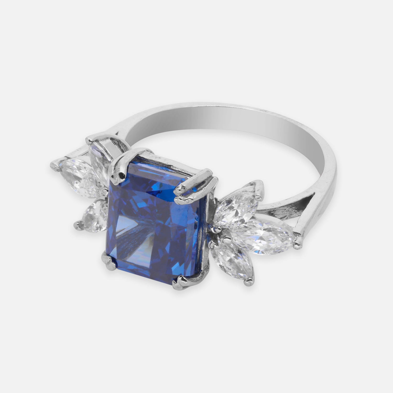 Elegant Sterling Silver Rectangular Blue Cubic Zirconia Ring with Marquise CZ Accents | SKU: 0005757961, 0005750597