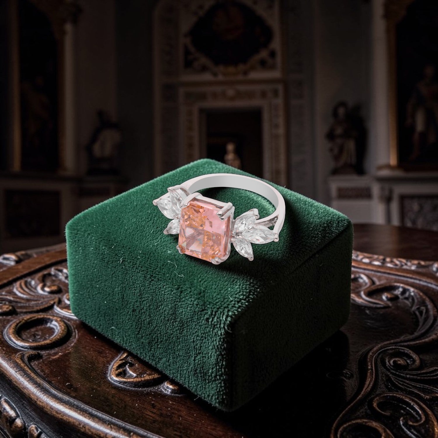 Elegant Sterling Silver Rectangular Peach Cubic Zirconia Ring with Marquise CZ Accents | SKU: 0005757985, 0022628909, 0005750887