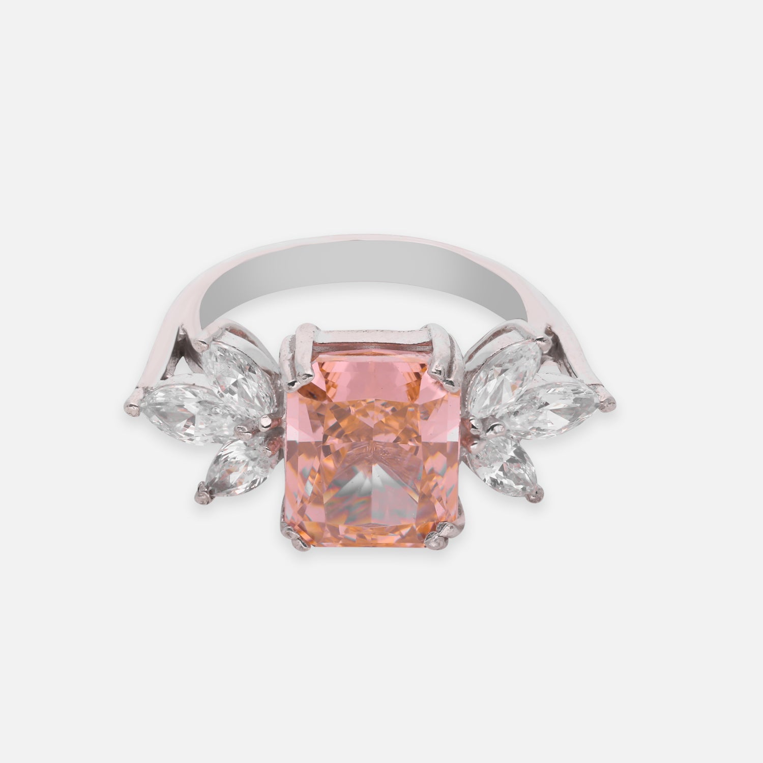 Elegant Sterling Silver Rectangular Peach Cubic Zirconia Ring with Marquise CZ Accents | SKU: 0005757985, 0022628909, 0005750887