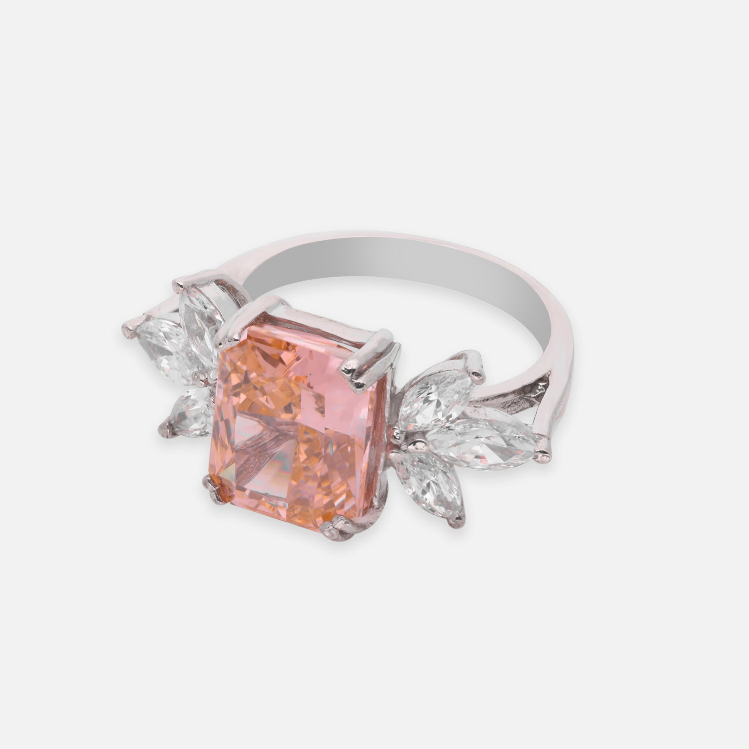Elegant Sterling Silver Rectangular Peach Cubic Zirconia Ring with Marquise CZ Accents | SKU: 0005757985, 0022628909, 0005750887