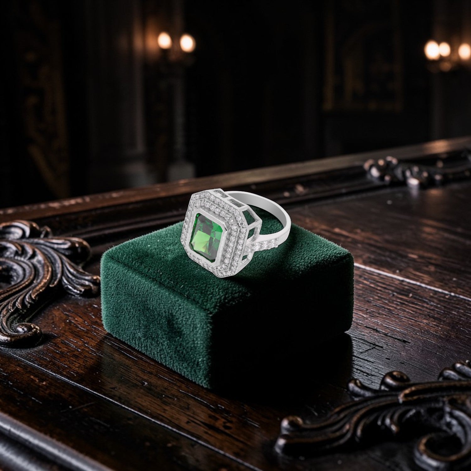 Elegant Sterling Silver Octagonal Halo Ring with Green Cubic Zirconia & CZ Accents | SKU: 0005758067, 0005750672