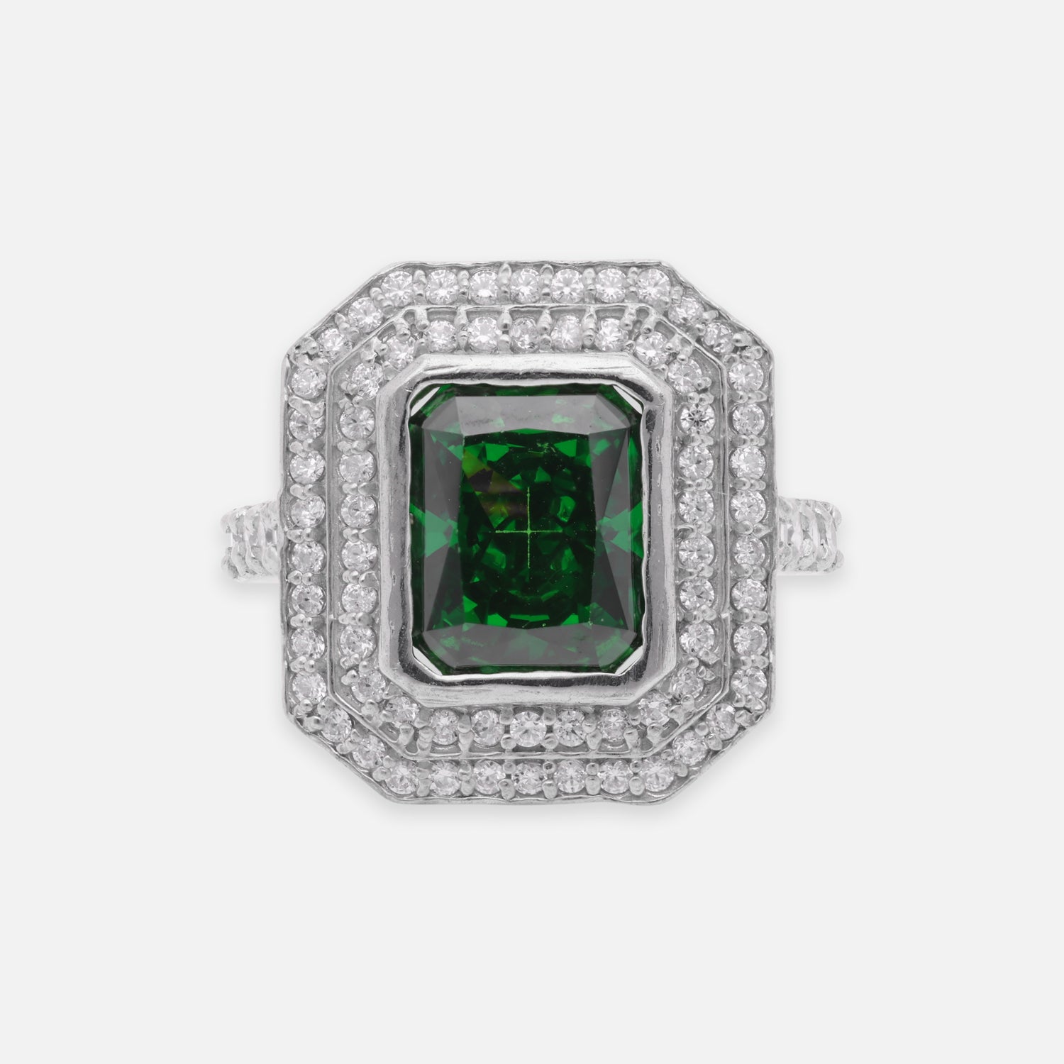 Elegant Sterling Silver Octagonal Halo Ring with Green Cubic Zirconia & CZ Accents | SKU: 0005758067, 0005750672