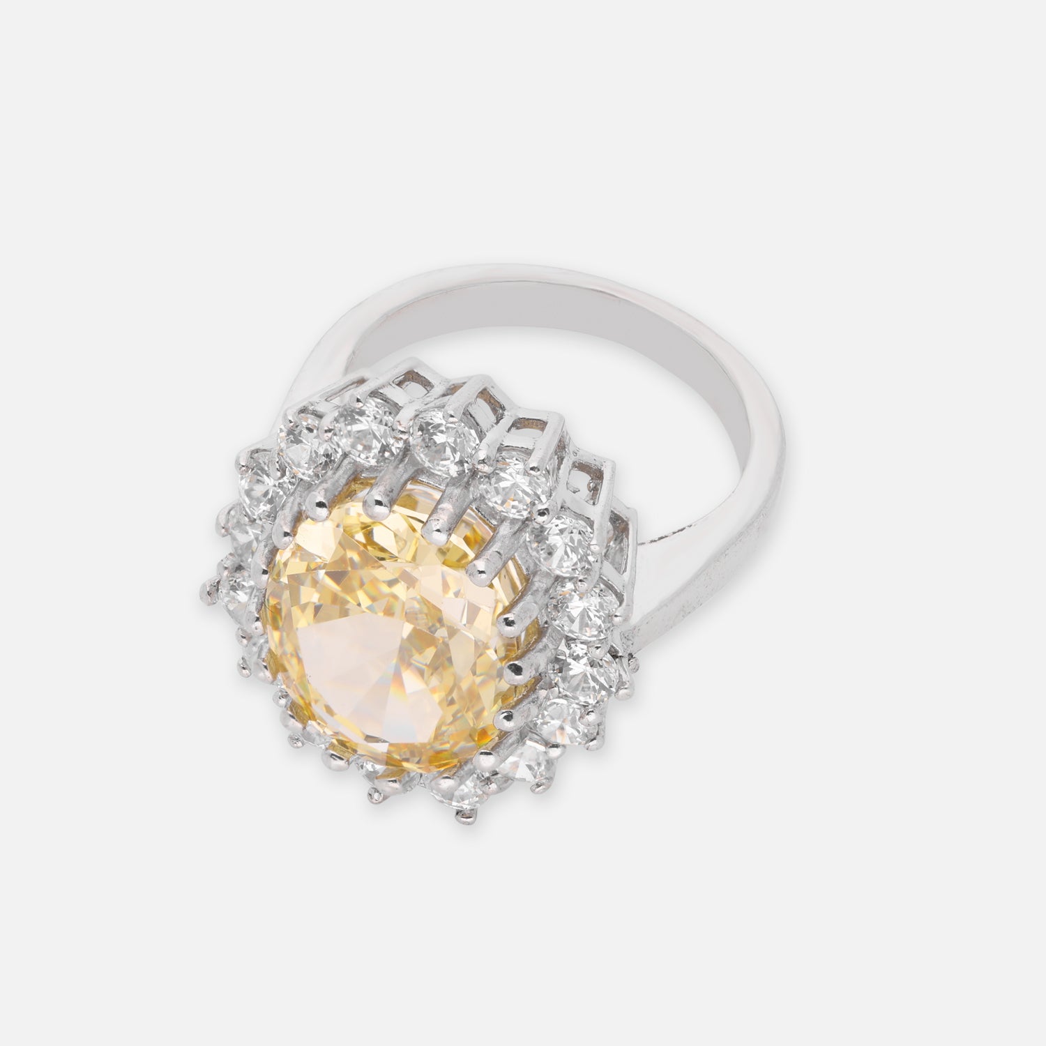 Sterling Silver Yellow Oval Cubic Zirconia Halo Statement Ring | SKU: 0005758159, 0022629166