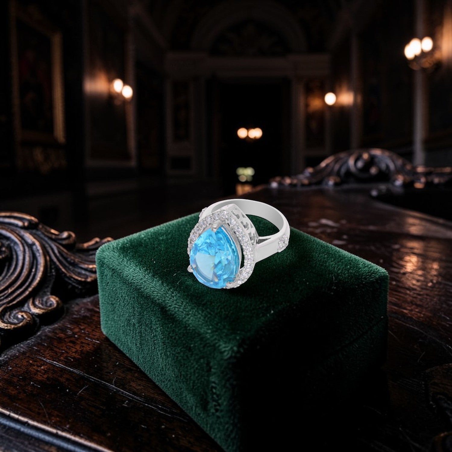 Sterling Silver Blue Cubic Zircon Pear Halo Statement Ring | SKU : 0005758210