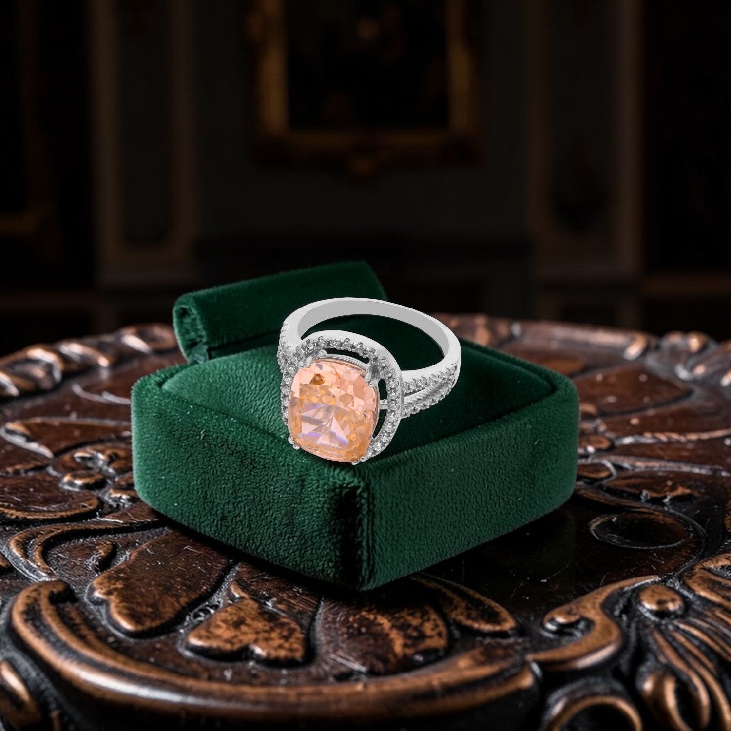 Elegant Sterling Silver Cushion-Cut Peach Cubic Zirconia Halo Ring with Split Band | SKU: 0005758432, 0022629456, 0005751105