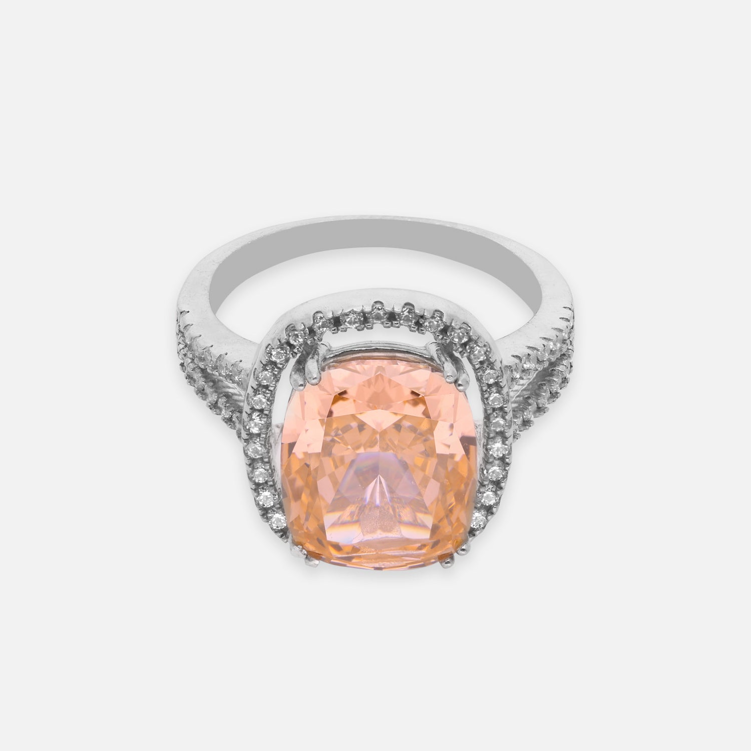 Elegant Sterling Silver Cushion-Cut Peach Cubic Zirconia Halo Ring with Split Band | SKU: 0005758432, 0022629456, 0005751105