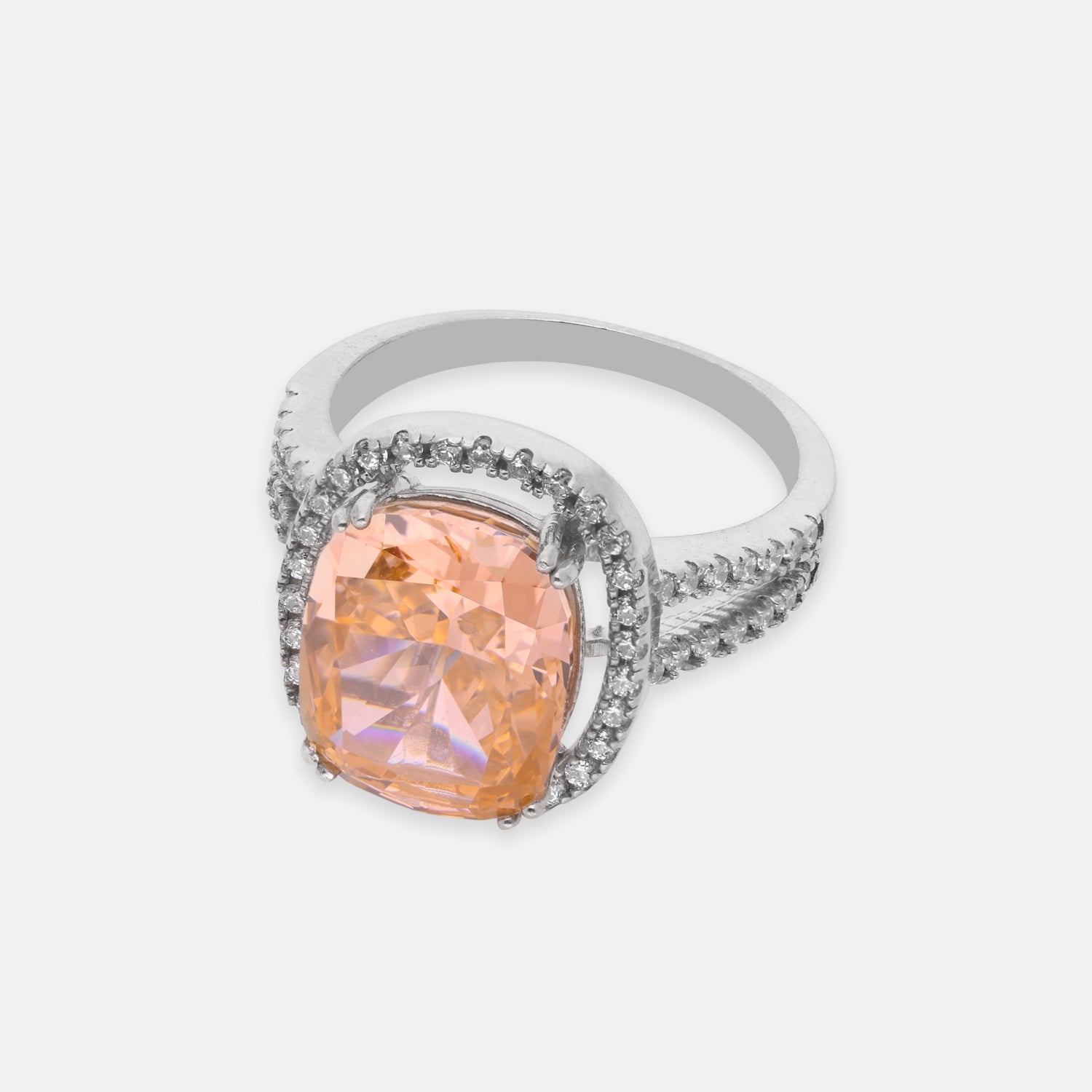 Elegant Sterling Silver Cushion-Cut Peach Cubic Zirconia Halo Ring with Split Band | SKU: 0005758432, 0022629456, 0005751105