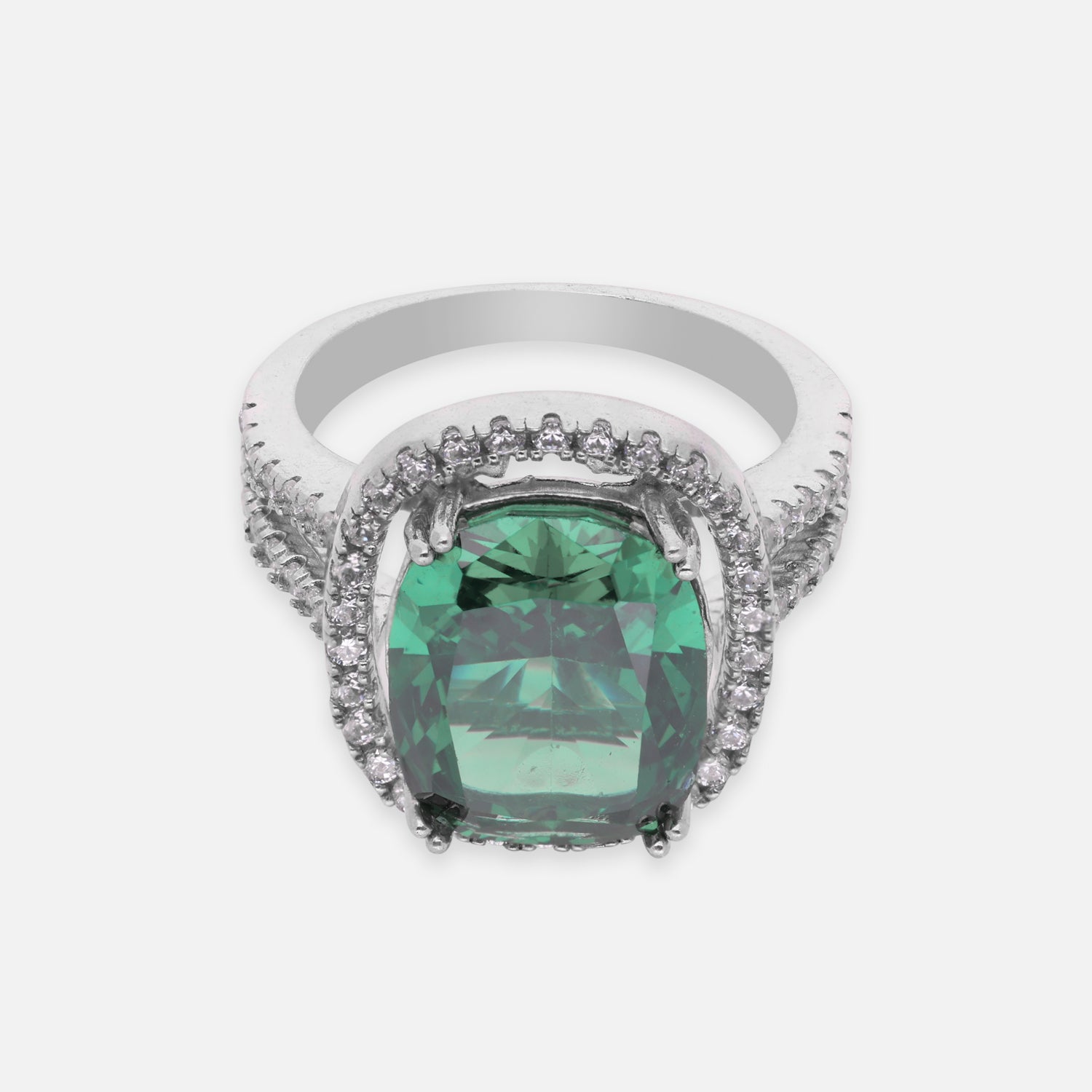 Elegant Sterling Silver Cushion-Cut Green Cubic Zirconia Halo Ring with Split Band | SKU: 0005758500, 0005751082
