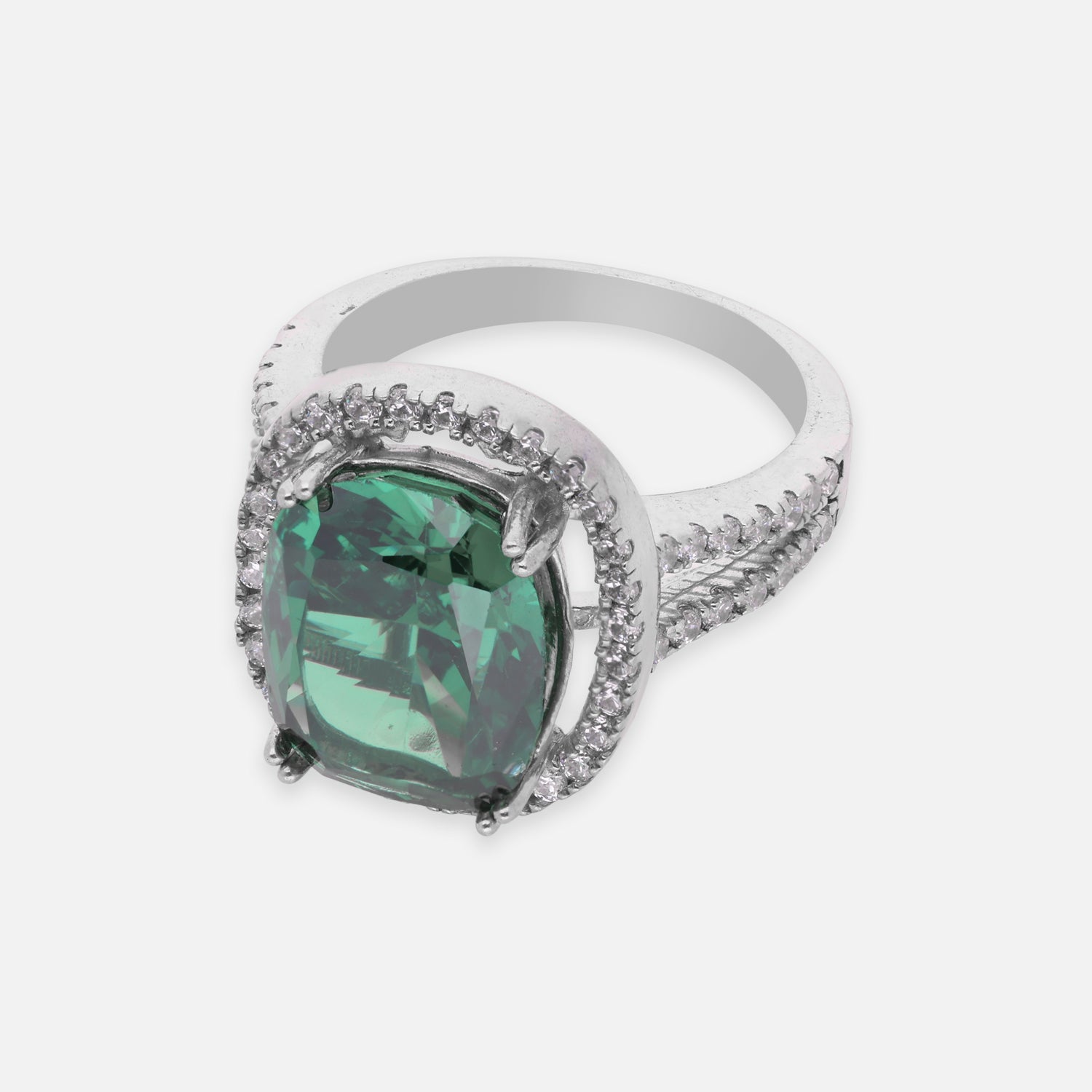Elegant Sterling Silver Cushion-Cut Green Cubic Zirconia Halo Ring with Split Band | SKU: 0005758500, 0005751082