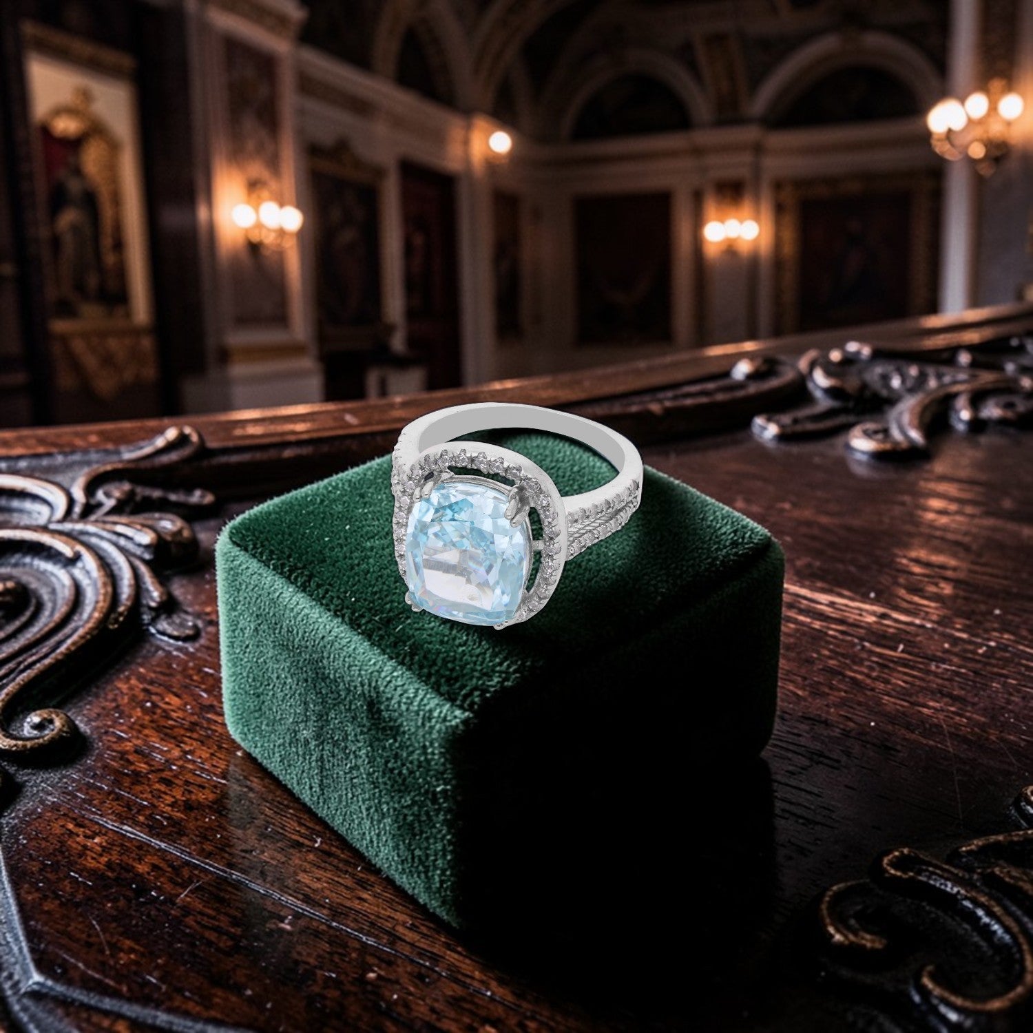 Elegant Sterling Silver Cushion-Cut Sky Blue Cubic Zirconia Halo Ring with Split Band | SKU: 0005758517, 0005758487, 0022629463