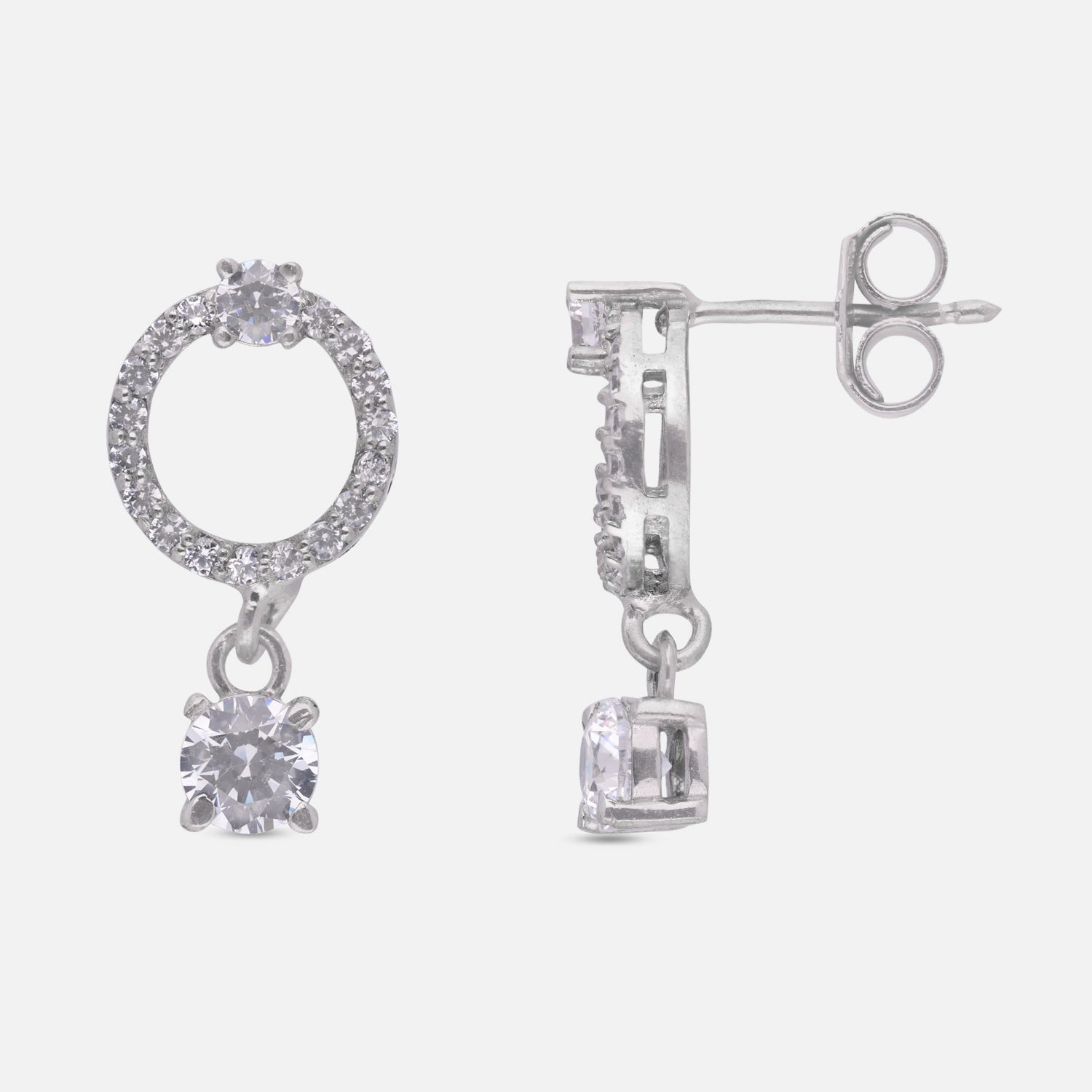 Sterling Silver Circular Halo Cubic Zirconia Drop Earrings| SKU: 0005771912, 0005771936