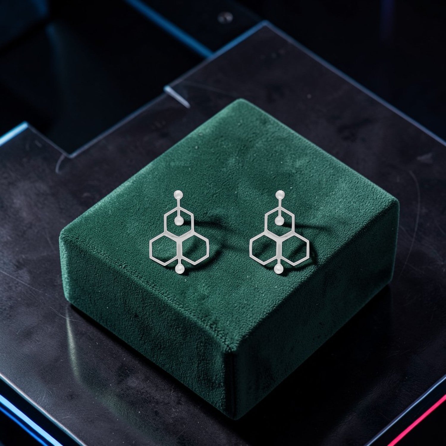 Sterling Silver Molecular Hexagon Drop Earrings – Science Collection | SKU: 0022638601, 0022638618, 0022638625, 0005867455, 0005867462, 0005867479, 0005867486, 0005867493, 0005867509, 0005867516