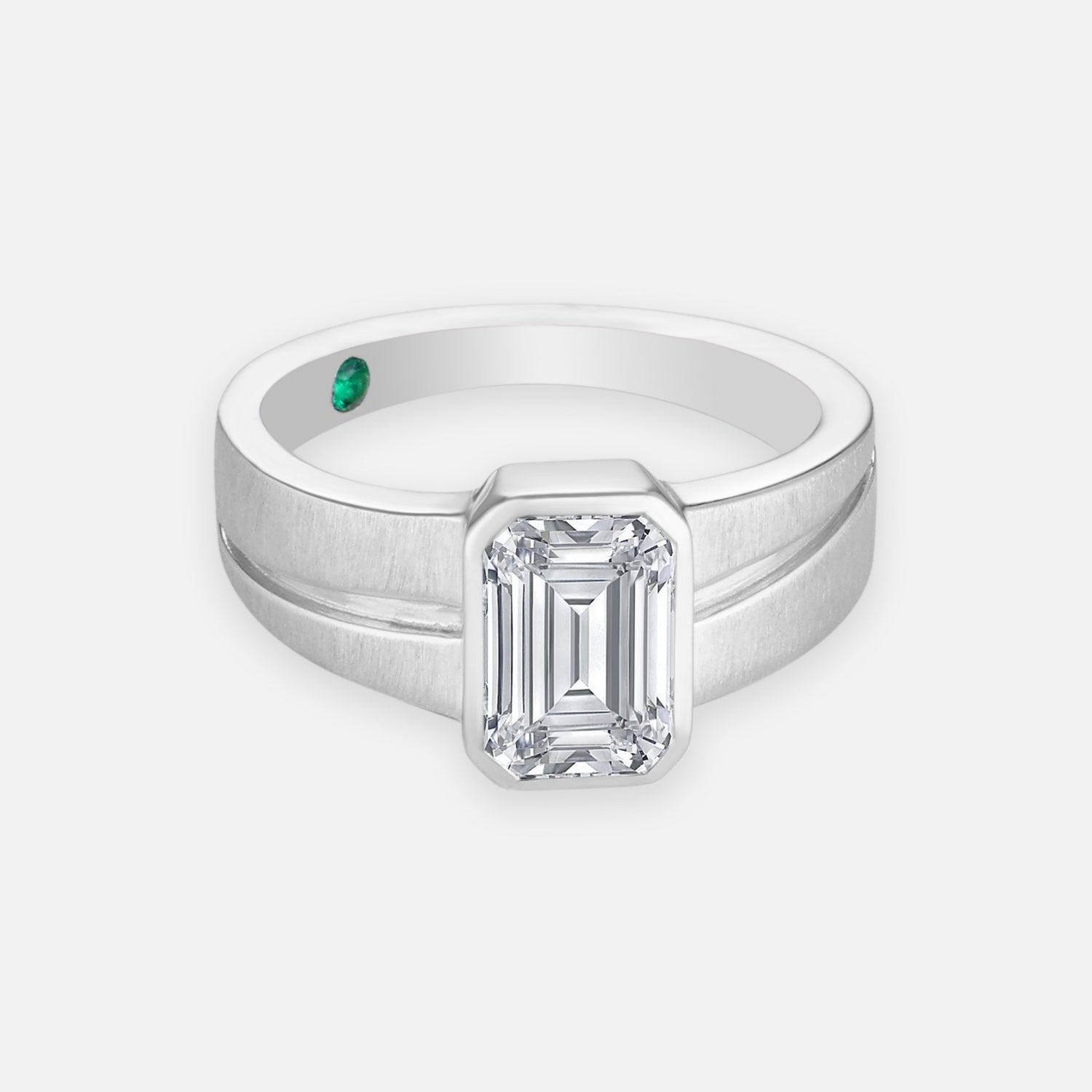 Modern Platinum Emerald Cut Lab Grown Diamond Bezel Solitaire Ring | SKU: 0006503741