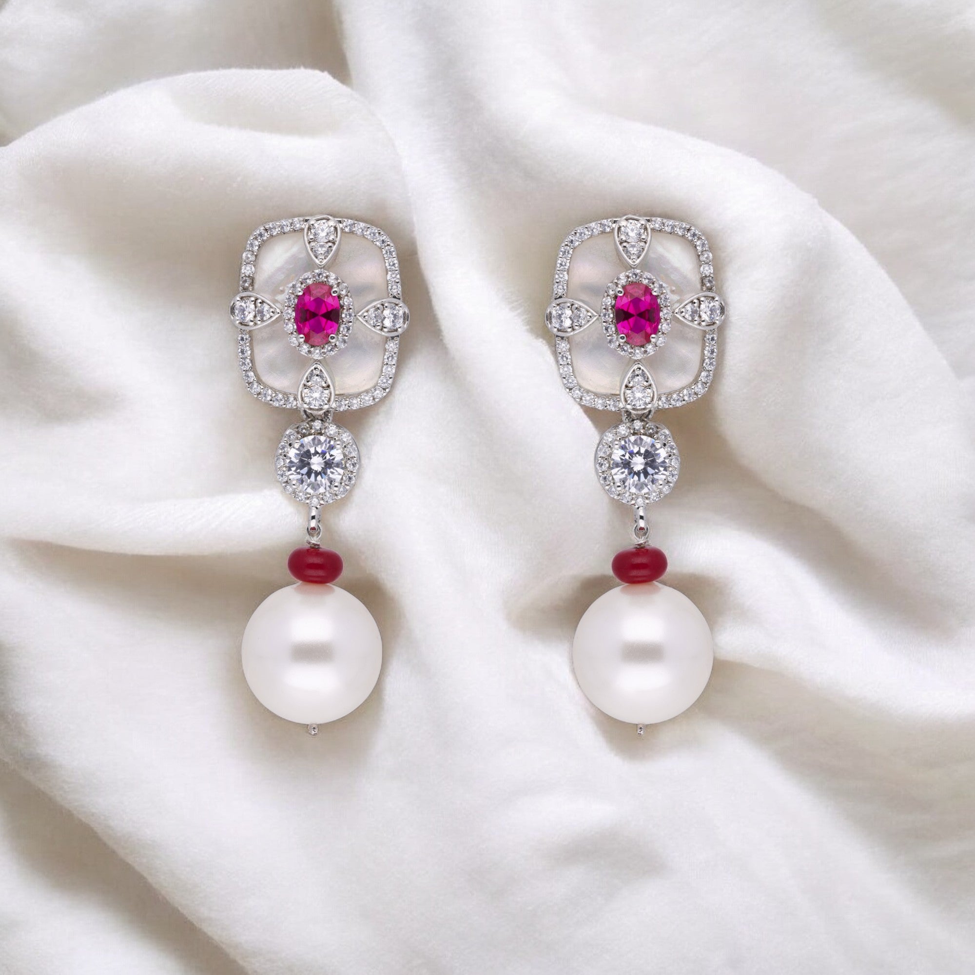 Radiant Pearl & Gems Silver Drop Earrings | SKU : 0018721348