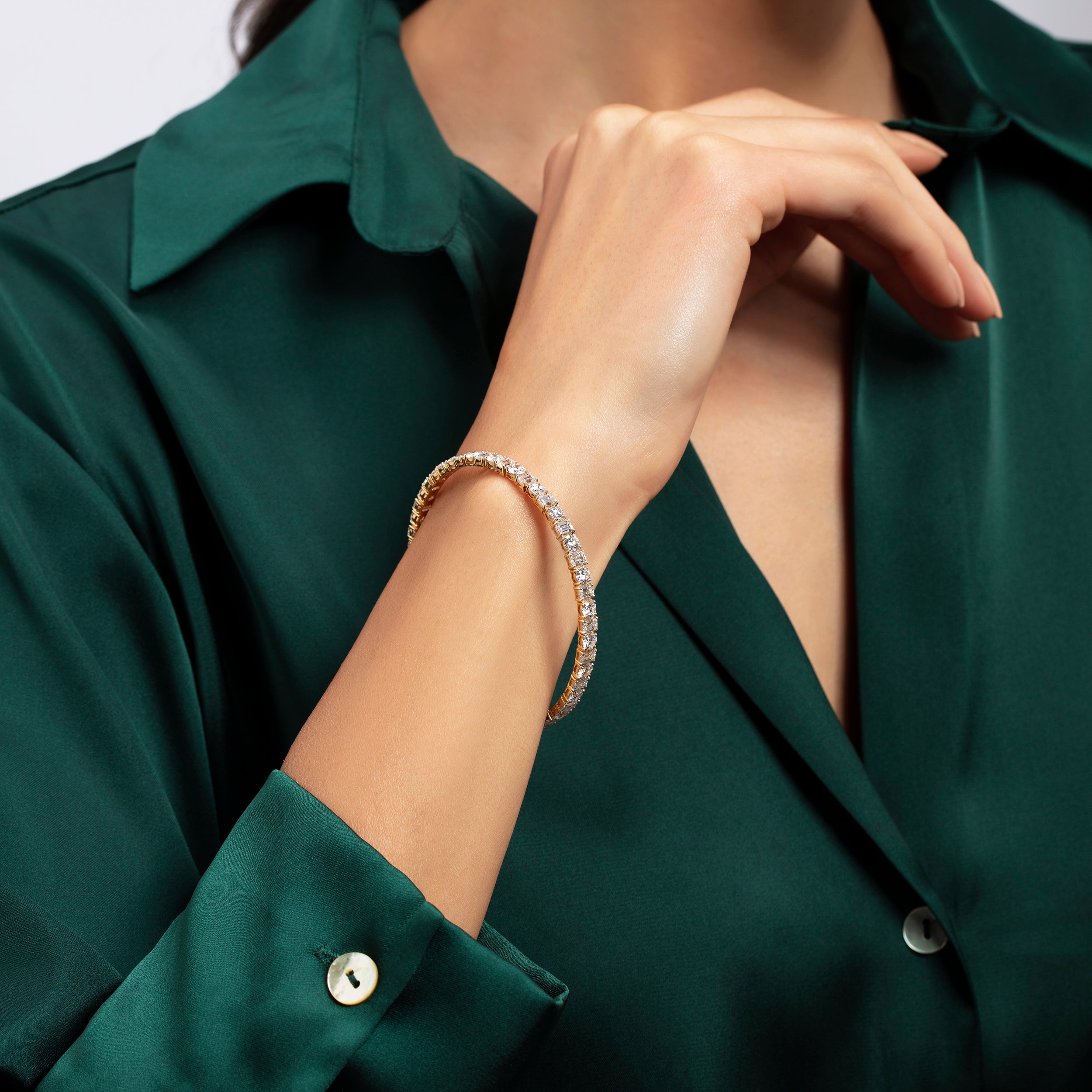 Emerald & Round Brilliant 6.48 Carat & 6.54 Carat Enchanted Gold-Finish Lab Grown Diamond Bangle | SKU: 0019052038