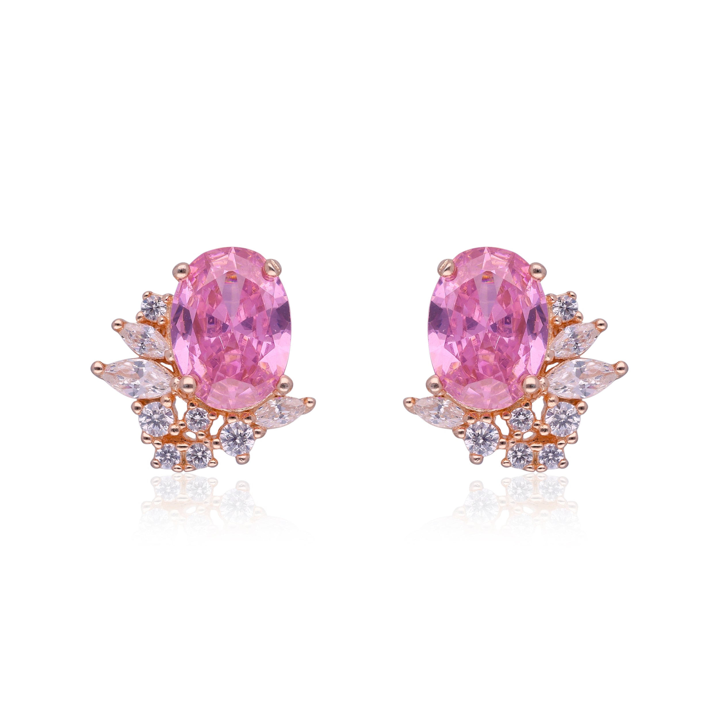 Timeless Glamour: Sterling Silver Oval Gem and Cubic Zirconia Studded Ear Studs | SKU: 0019883939, 0019883946, 0019883991, 0019884011, 0019884028