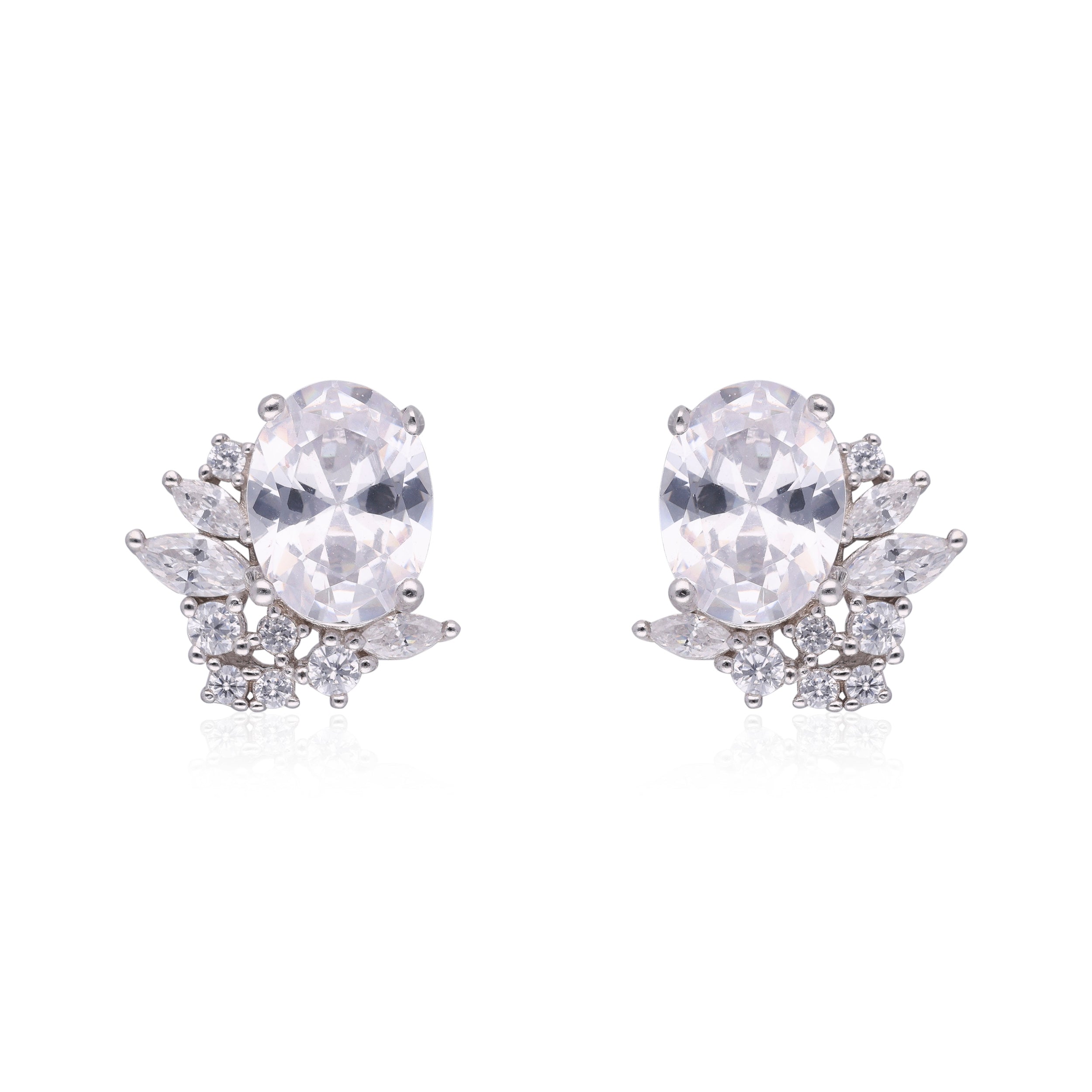 Timeless Glamour: Sterling Silver Oval Gem and Cubic Zirconia Studded Ear Studs | SKU: 0019883939, 0019883946, 0019883991, 0019884011, 0019884028