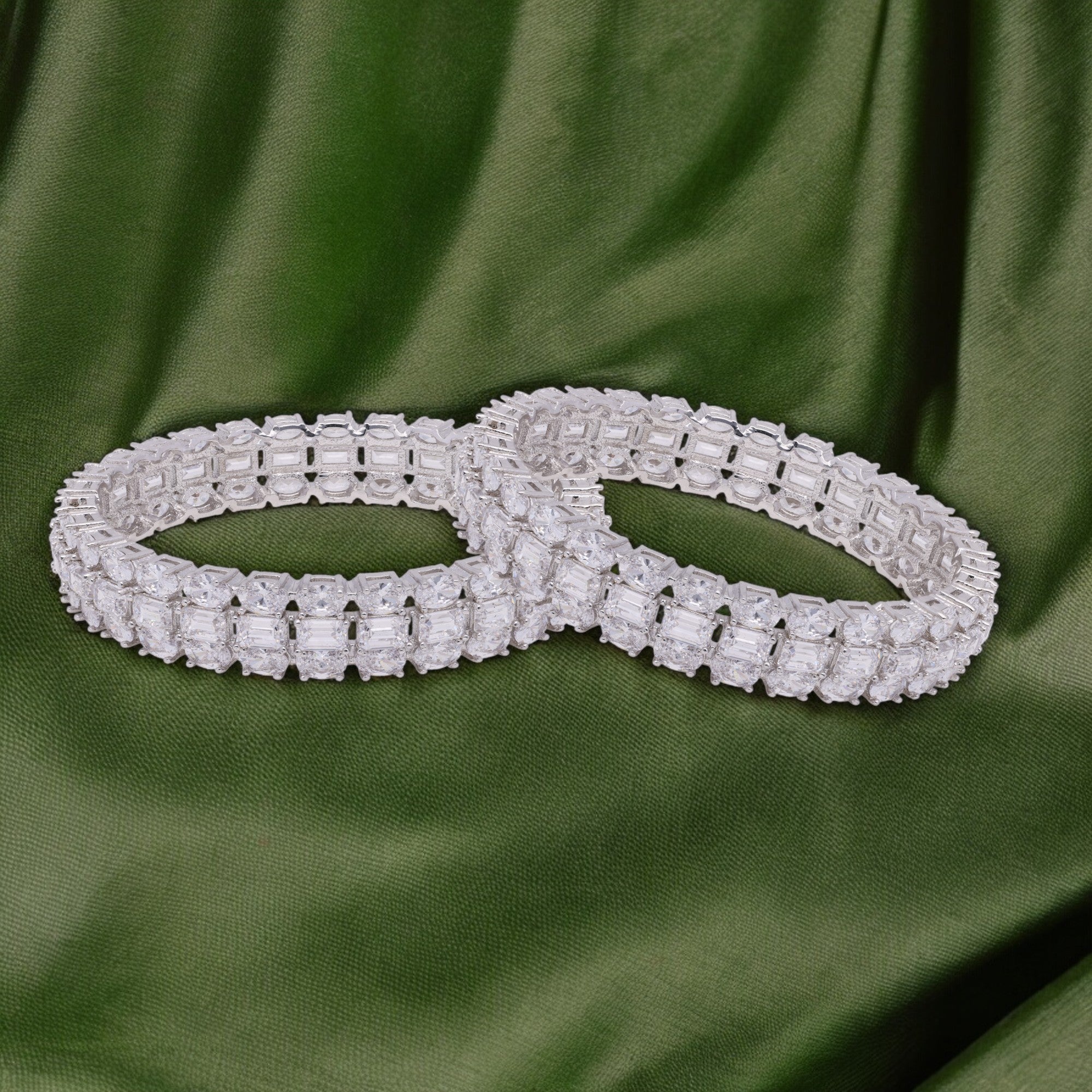 Elegant Fancy Shaped Sterling Silver Cubic Zirconia Studded Bangle Pair | SKU : 0020289768