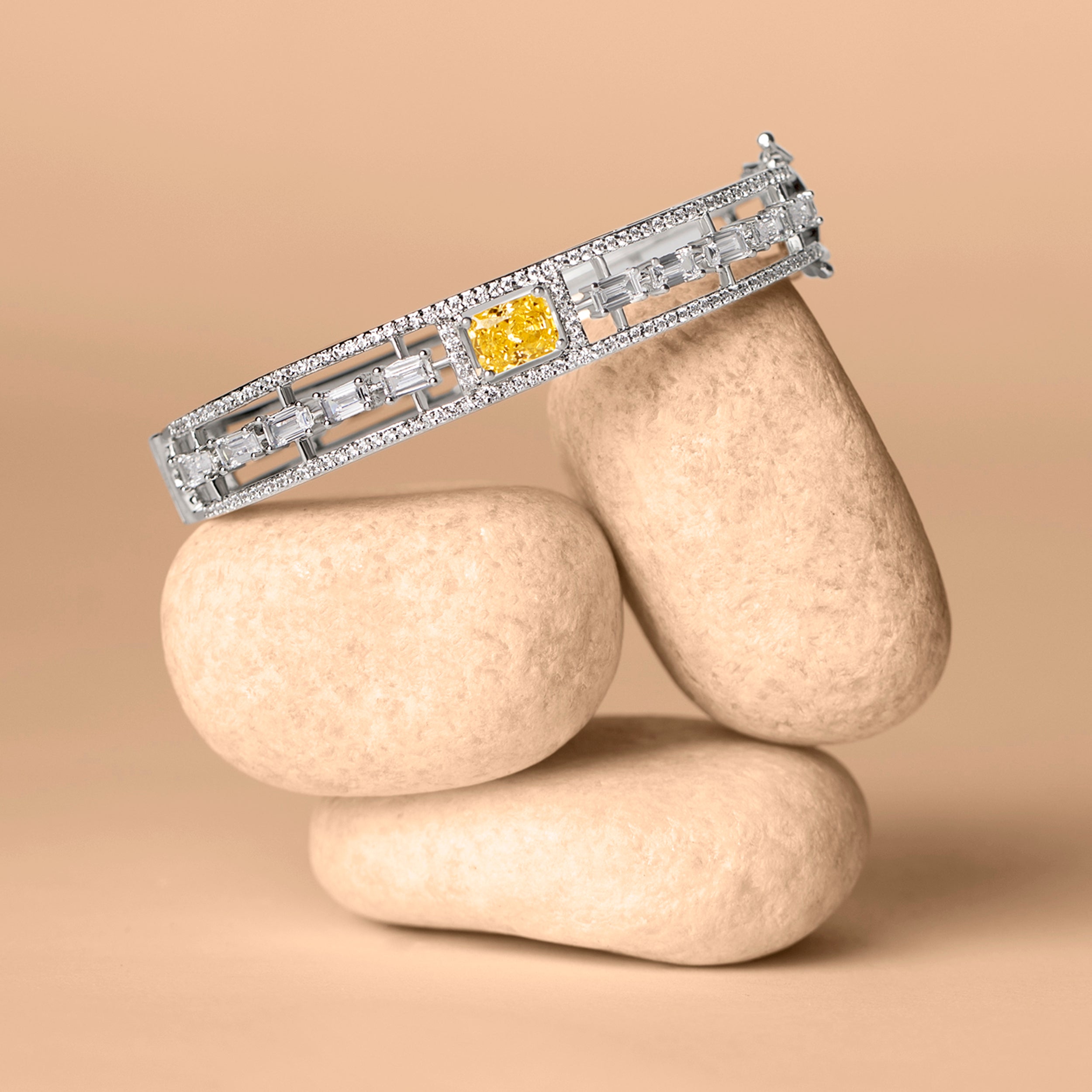 Sterling Silver Openable Stiff Bracelet with Fancy Shaped Solitaire Cubic Zirconia | SKU : 0020291471 - crash.club by CKC