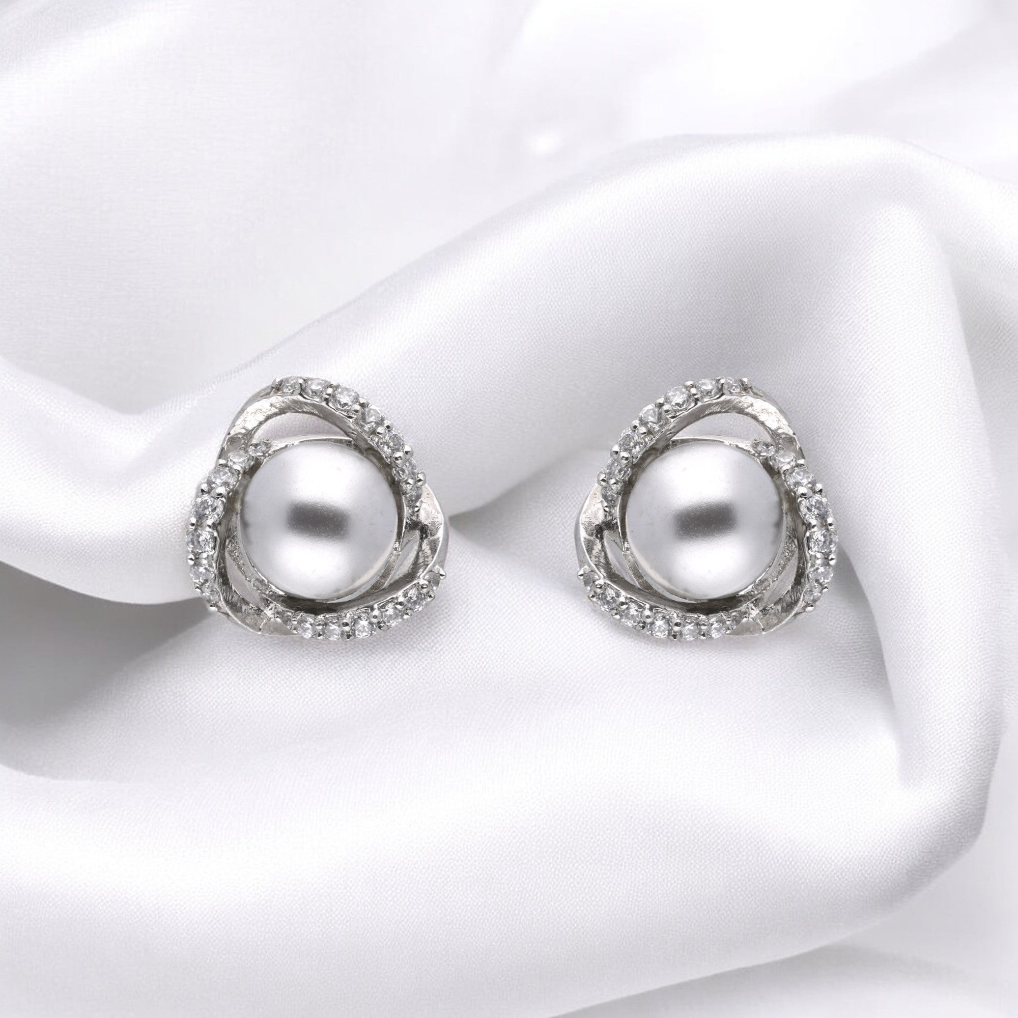 Sterling Silver Pearl Earrings with Cubic Zirconia Halo | SKU : 0020318819, 0020318833
