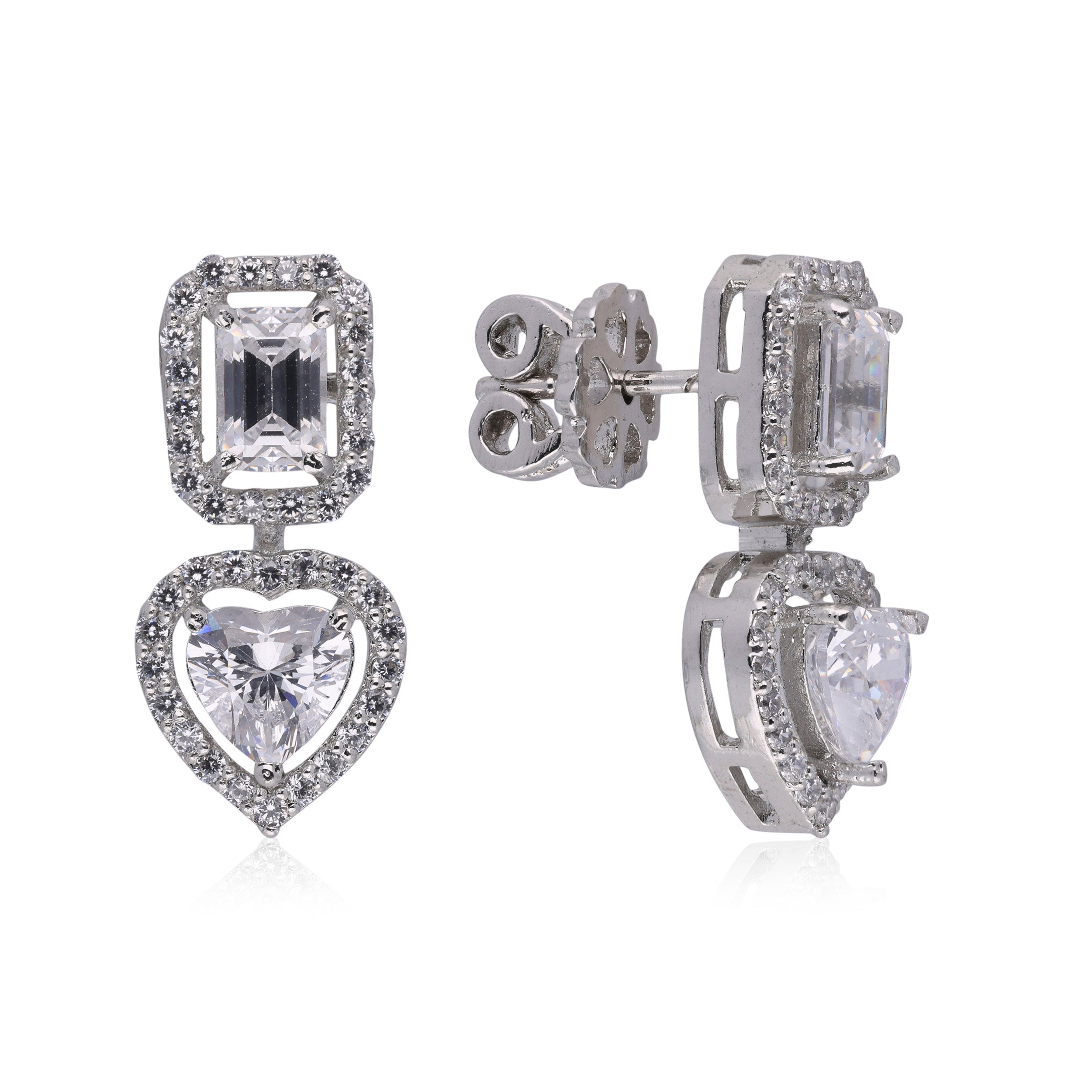 Rectangle and Heart Cubic Zircon Halo Silver Drop Earrings | SKU : 0020588922, 0020588915, 0020309312, 0020588908