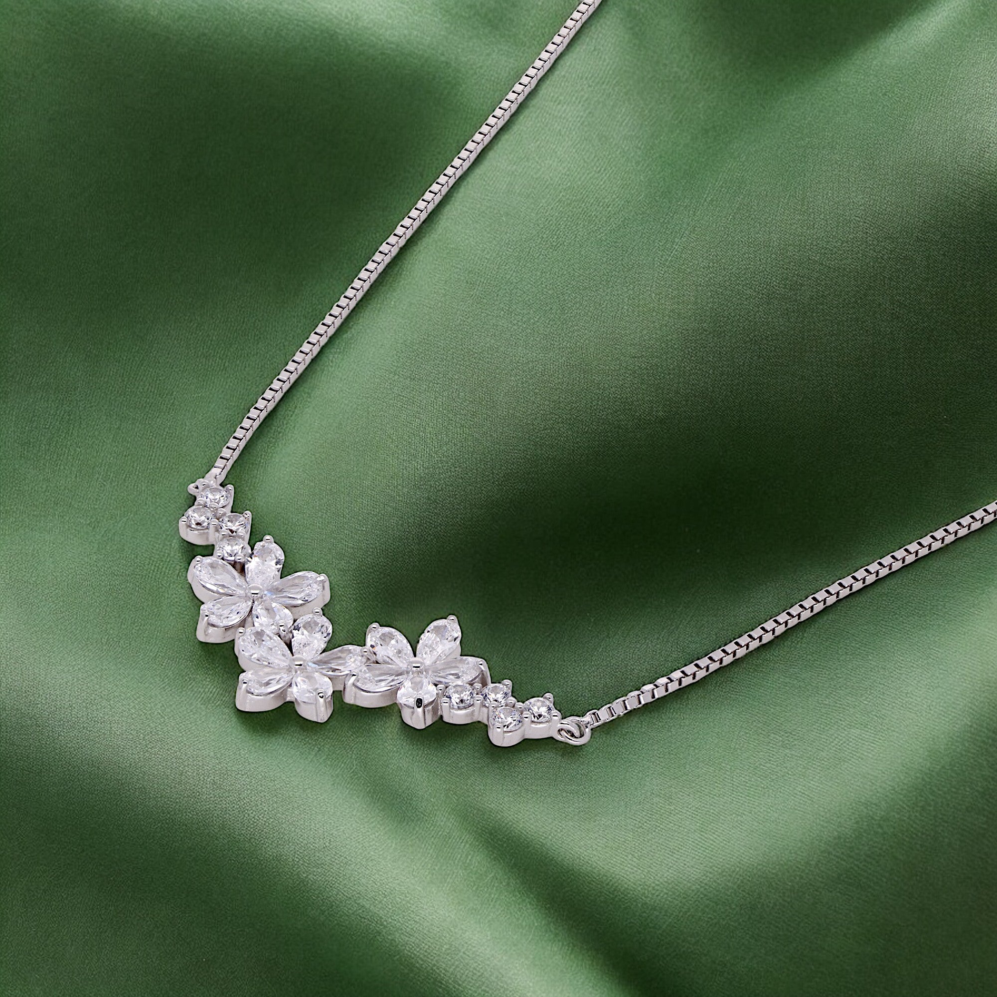 Three Cubic Zirconia Flowers 16-Inch Silver Choker Necklace | SKU : 0003339244, 0020603212, 0020603199