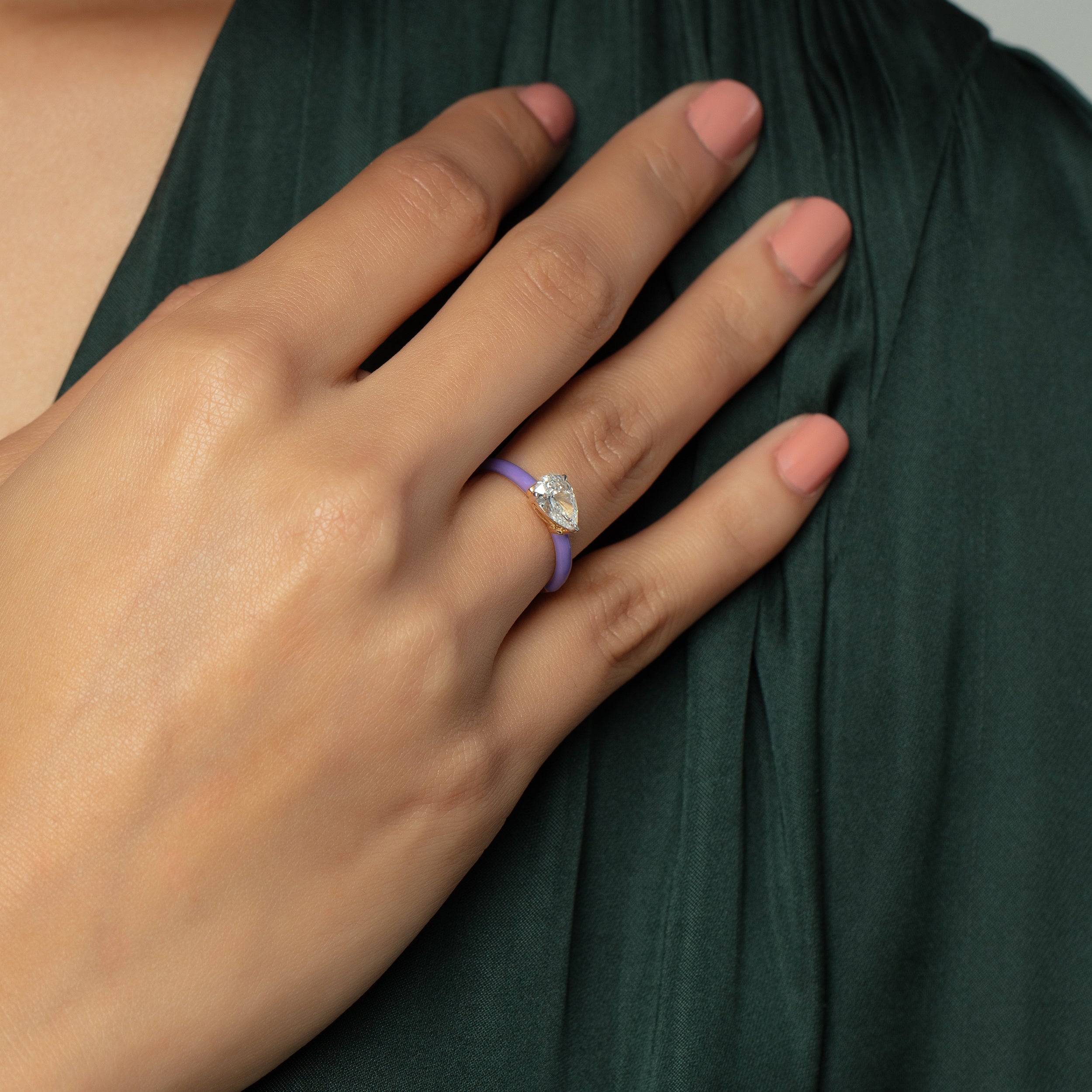 Pear 0.76 Carat Solitaire Lab-Grown Diamond Ring with Purple Porcelain in 18KT Yellow Gold | SKU : 0020704339