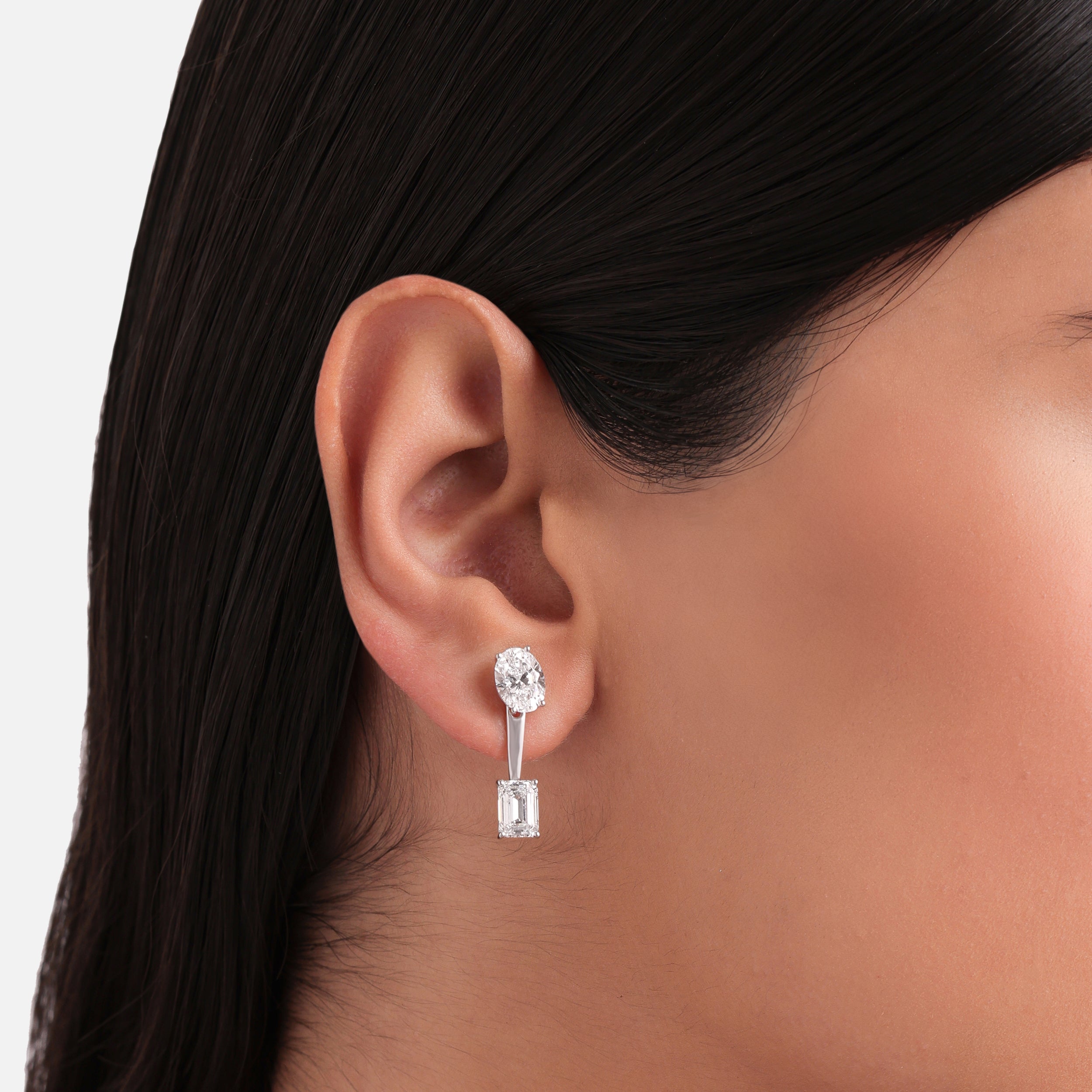 Oval & Emerald-Cut 4.07 Carat Lab-Grown Diamond Pair Ear Drops in 18K White Gold | SKU : 0020720759