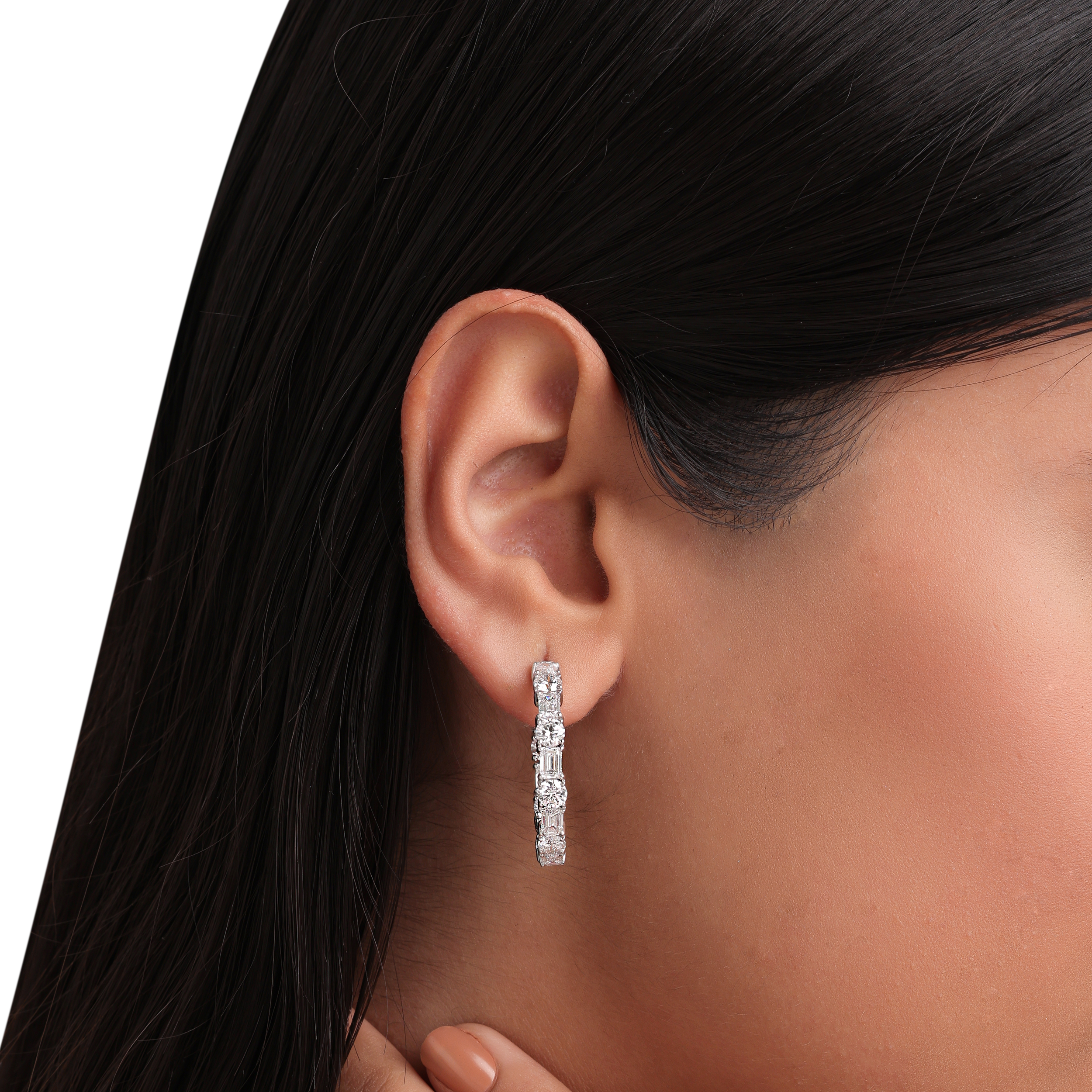 Emerald & Round Brilliant 8.07 Carat Lab-Grown Diamond Single Line Pair Earhoops | SKU : 0020741372