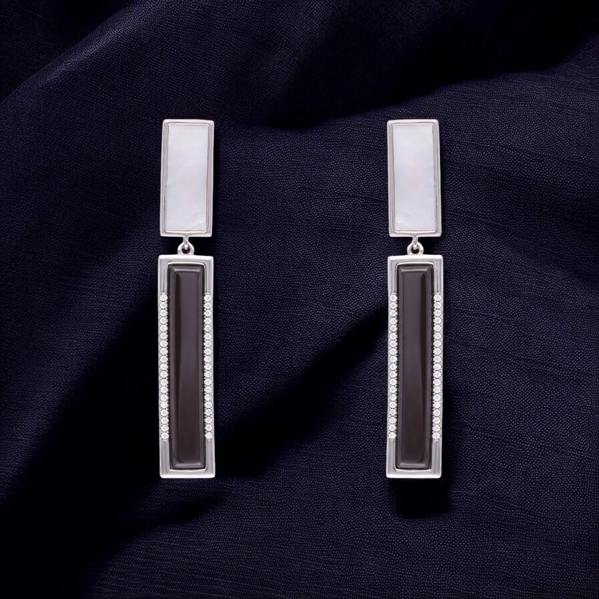 Elegant Dual-Tone Sterling Silver Drop Earrings with Mother of Pearl & Onyx | SKU : 0021129759, 0021129742
